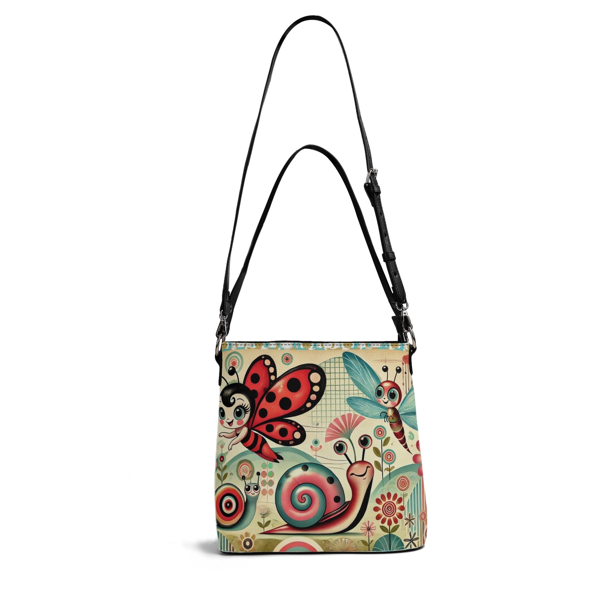 Anthropomorphic Catepillar Garden Pixies, Retro Mod 60s Bucket Bag - Mid Century Modern Gal