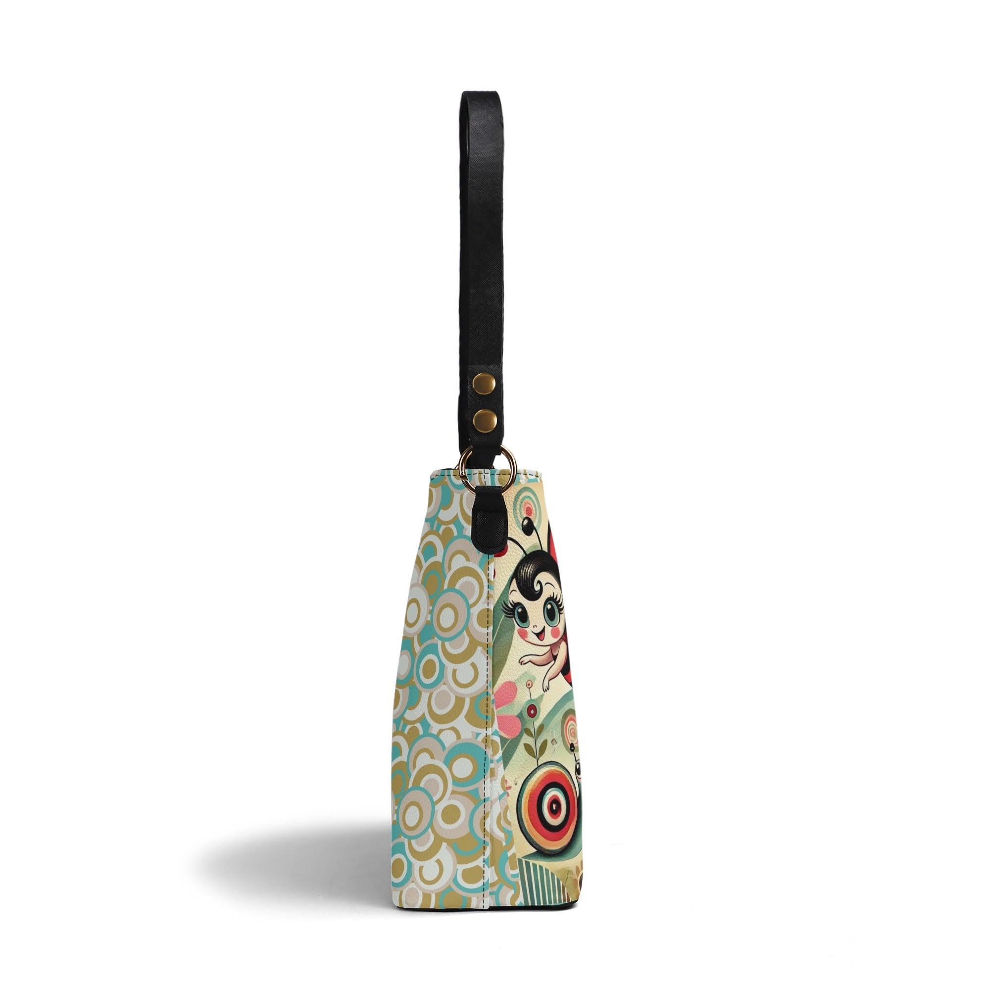 Anthropomorphic Catepillar Garden Pixies, Retro Mod 60s Bucket Bag - Mid Century Modern Gal