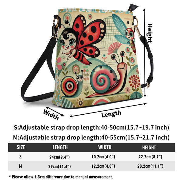 Anthropomorphic Catepillar Garden Pixies, Retro Mod 60s Bucket Bag