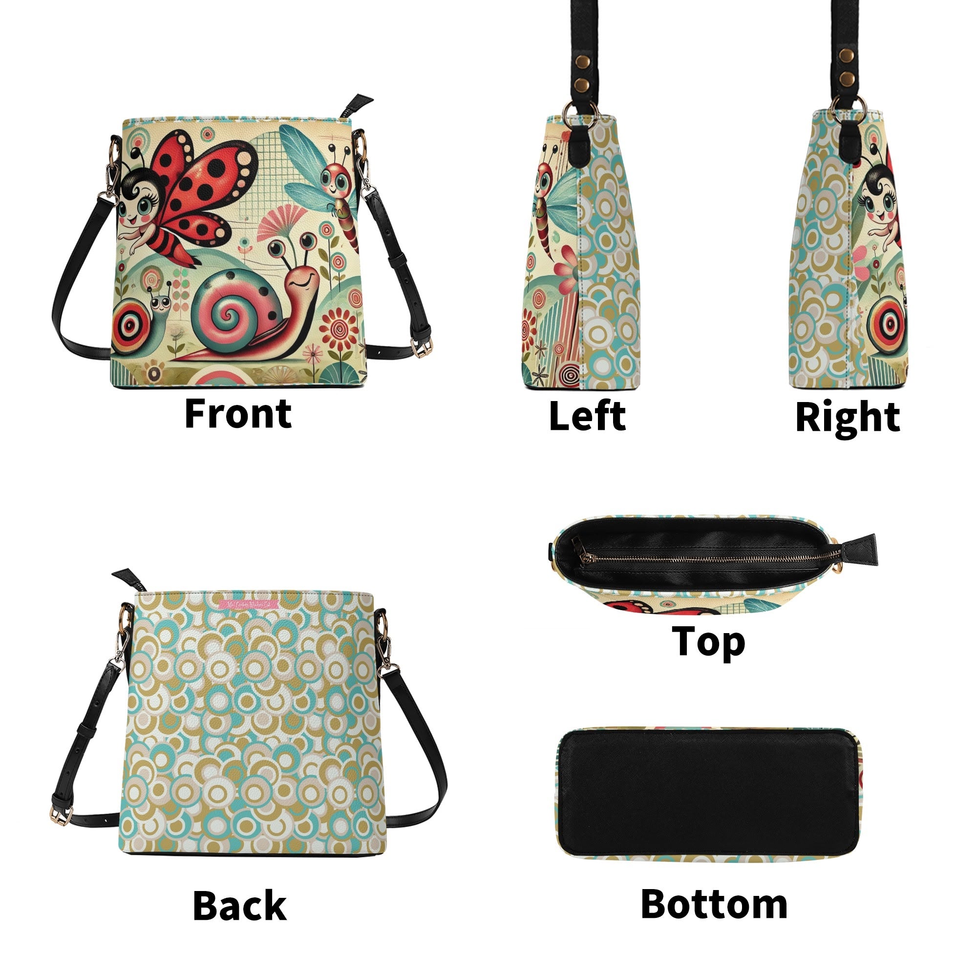 Anthropomorphic Catepillar Garden Pixies, Retro Mod 60s Bucket Bag - Mid Century Modern Gal