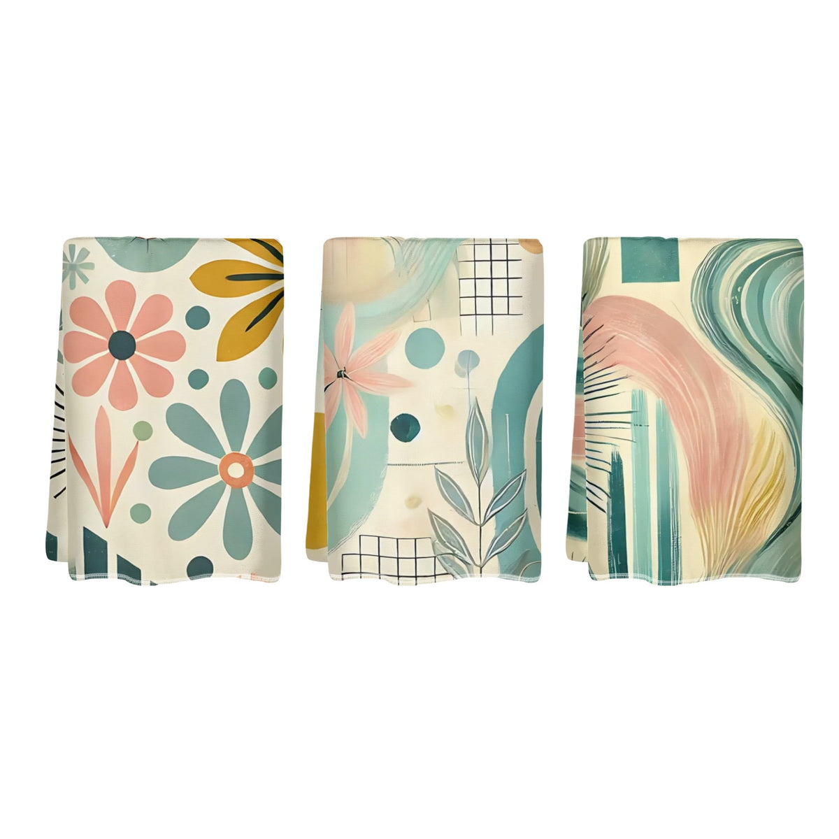 Retro Floral Boho Style Bath, Kitchen Towels 3 Piece Set - Mid Century Modern Gal