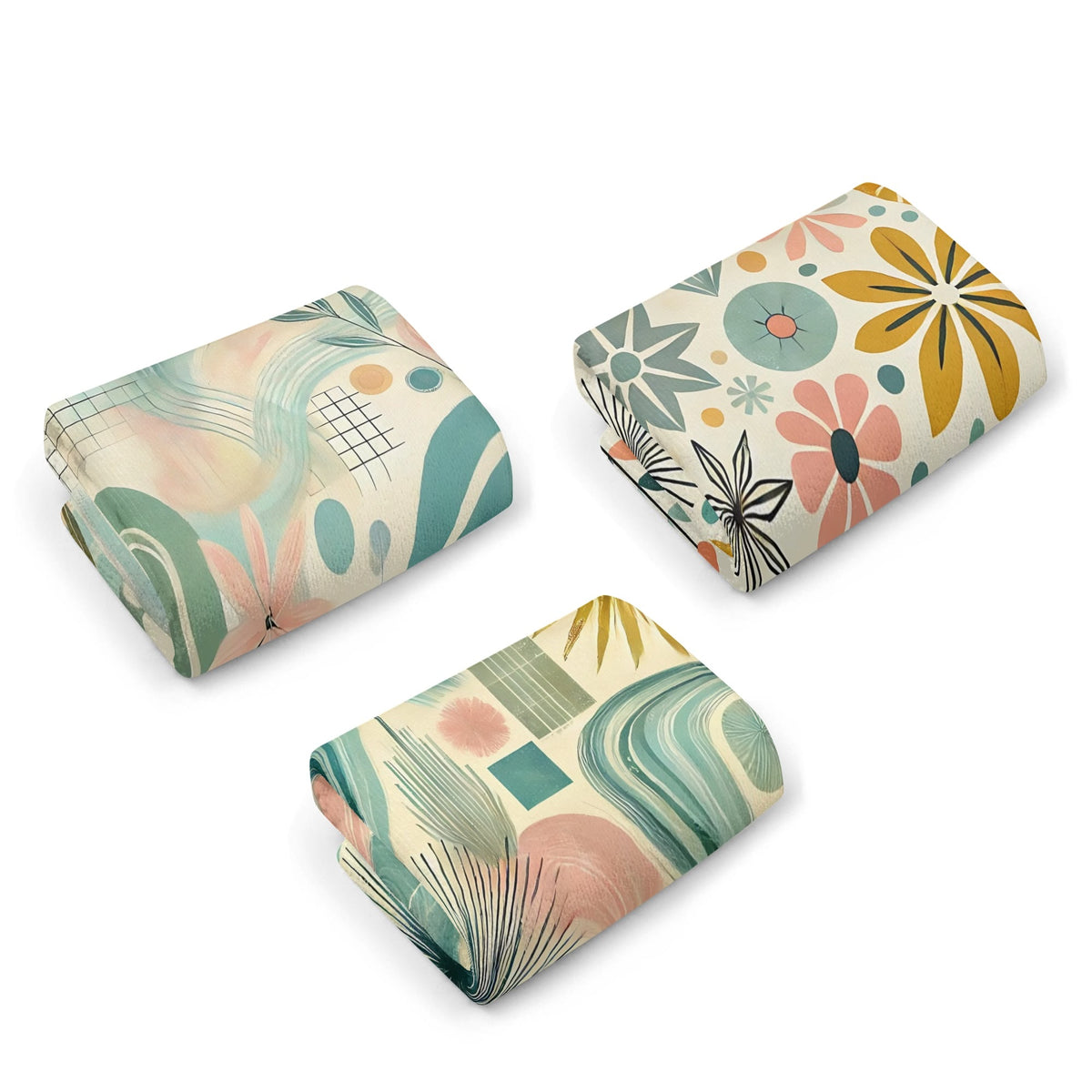 Retro Floral Boho Style Bath, Kitchen Towels 3 Piece Set - Mid Century Modern Gal