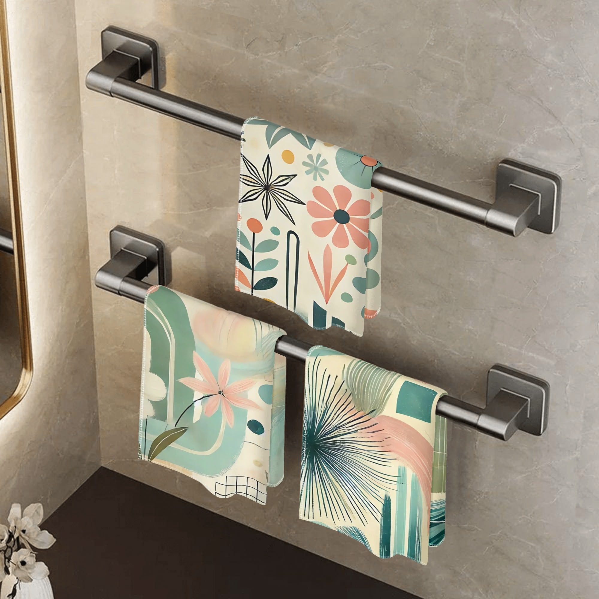 Retro Floral Boho Style Bath, Kitchen Towels 3 Piece Set - Mid Century Modern Gal