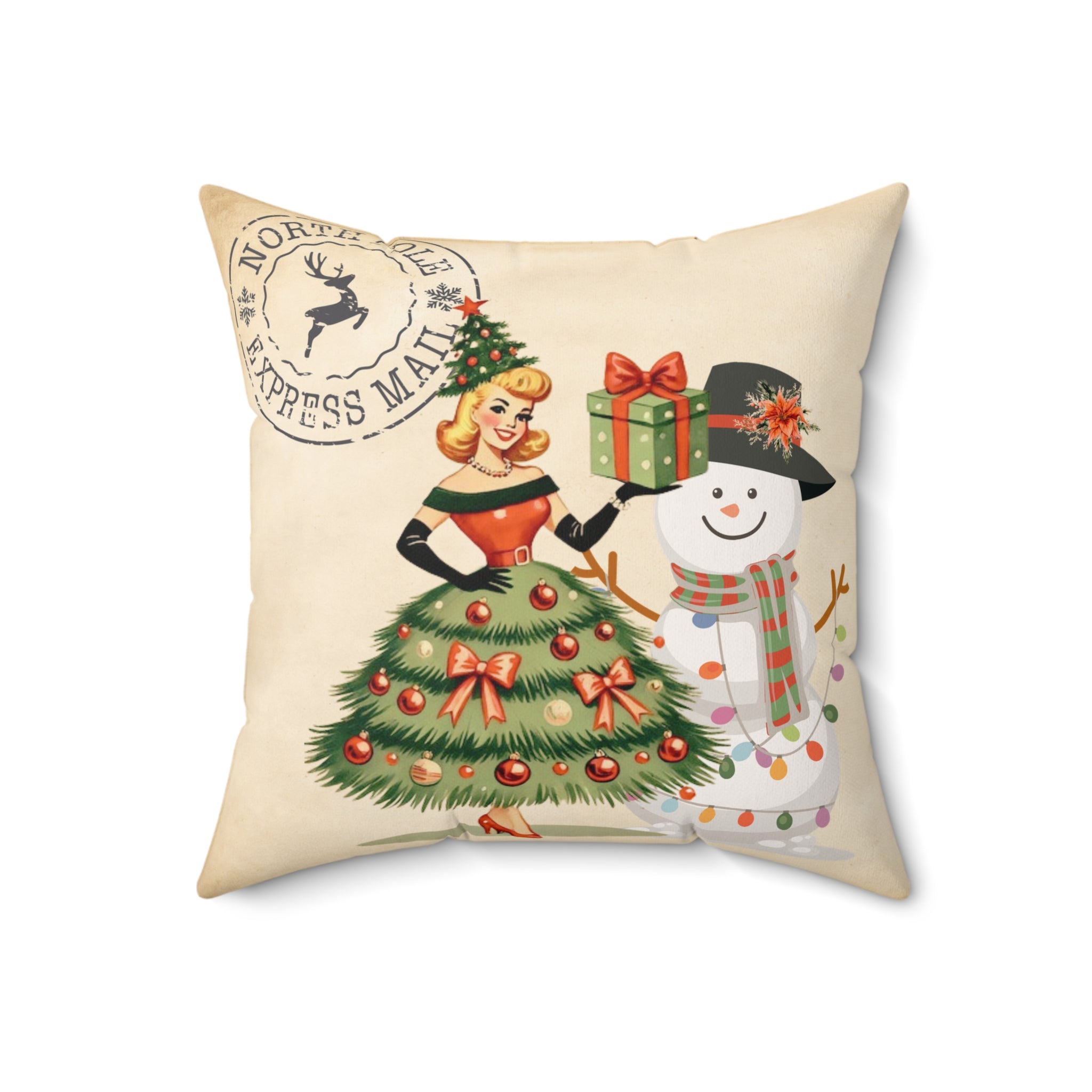 Vintage Christmas Pillow - Retro Santa with Snowman Design - Mid Century Modern Gal