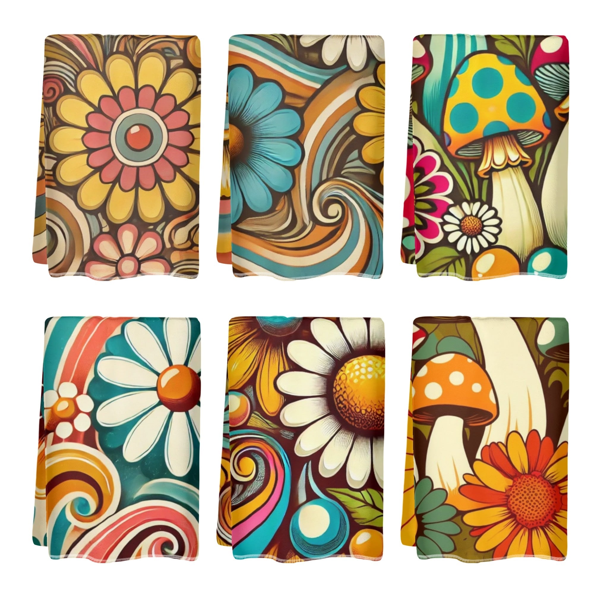 Groovy Mushroom 50s Flower Power Mod Daisy Retro Bathroom, Kitchen Hand Towels Set of 6 - Mid Century Modern Gal