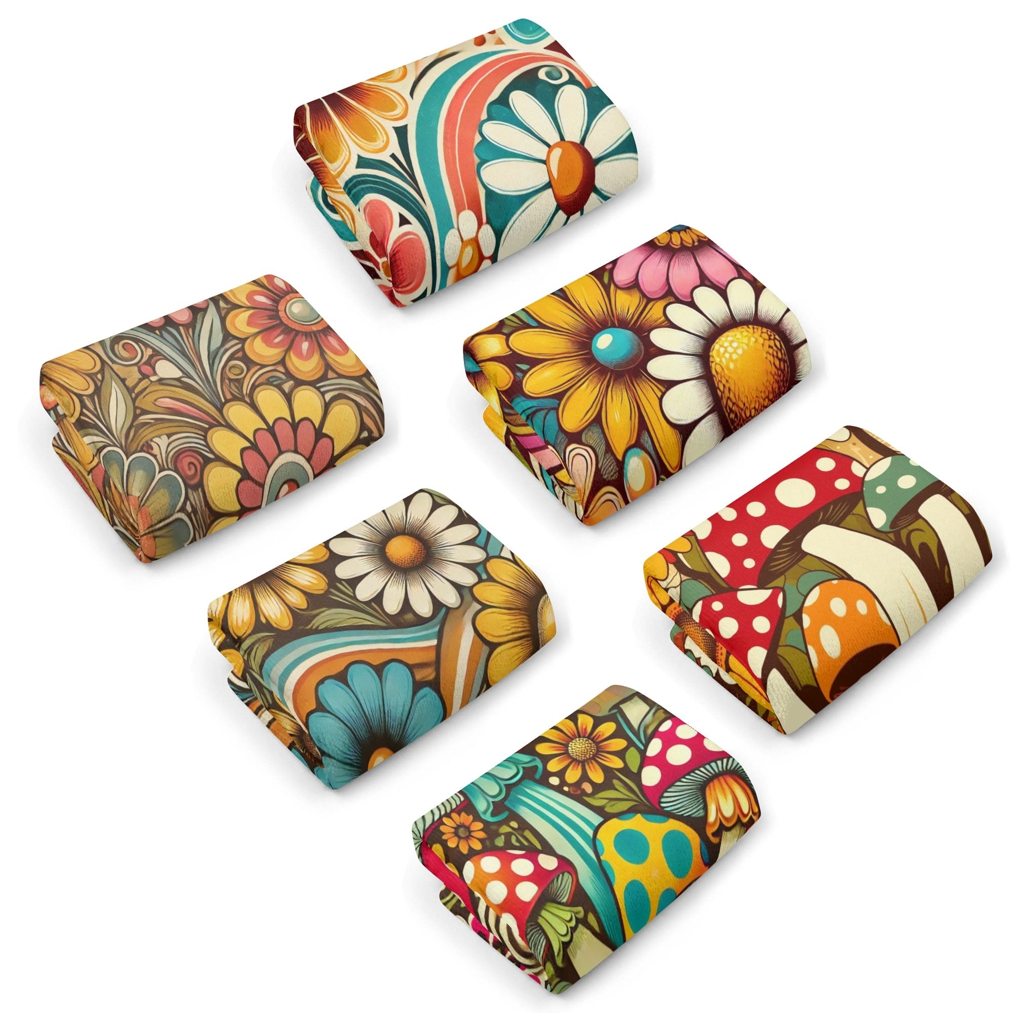 Groovy Mushroom 50s Flower Power Mod Daisy Retro Bathroom, Kitchen Hand Towels Set of 6 - Mid Century Modern Gal