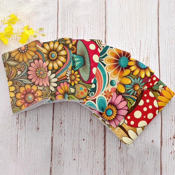 Groovy Mushroom 50s Flower Power Mod Daisy Retro Bathroom, Kitchen Hand Towels Set of 6