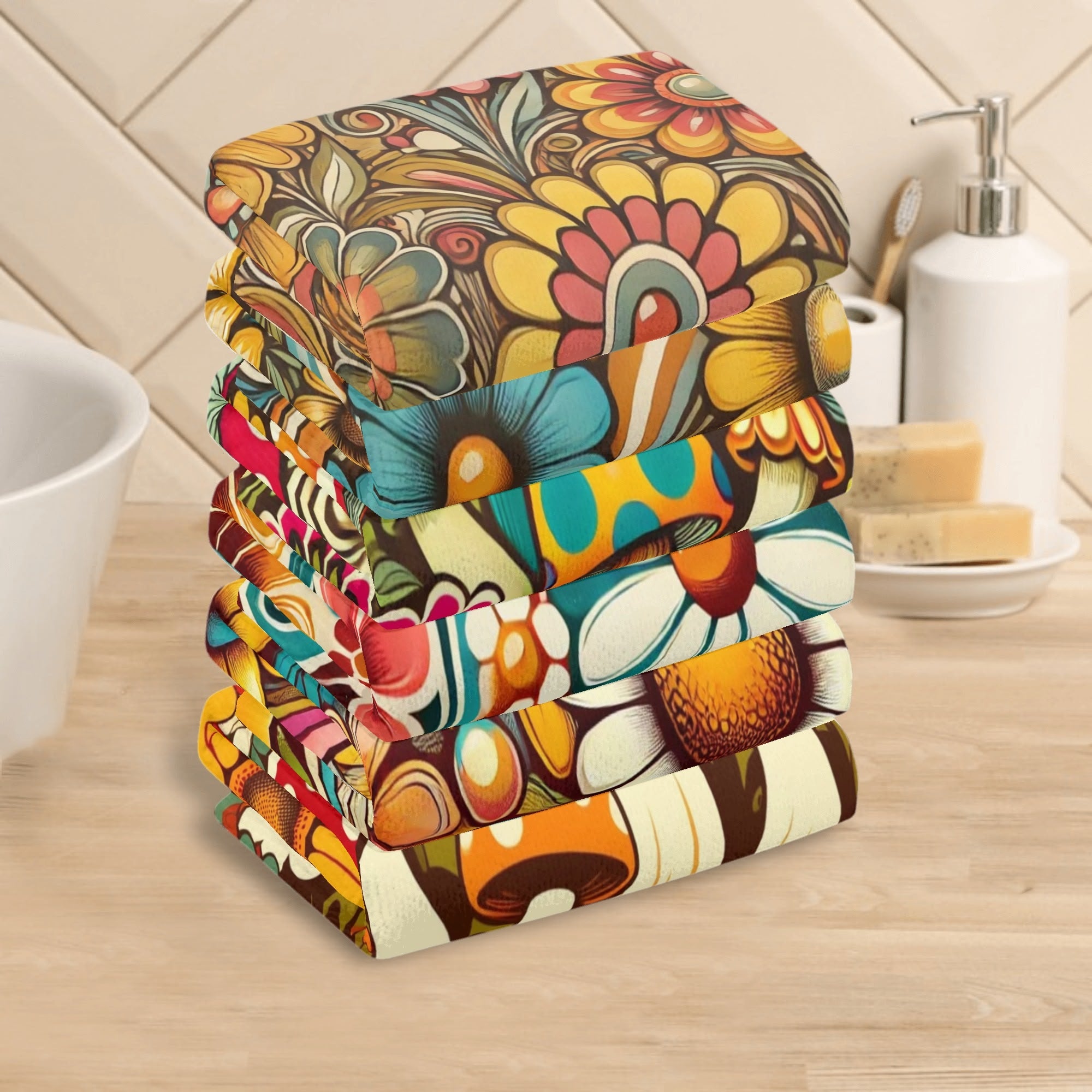 Groovy Mushroom 50s Flower Power Mod Daisy Retro Bathroom, Kitchen Hand Towels Set of 6 - Mid Century Modern Gal