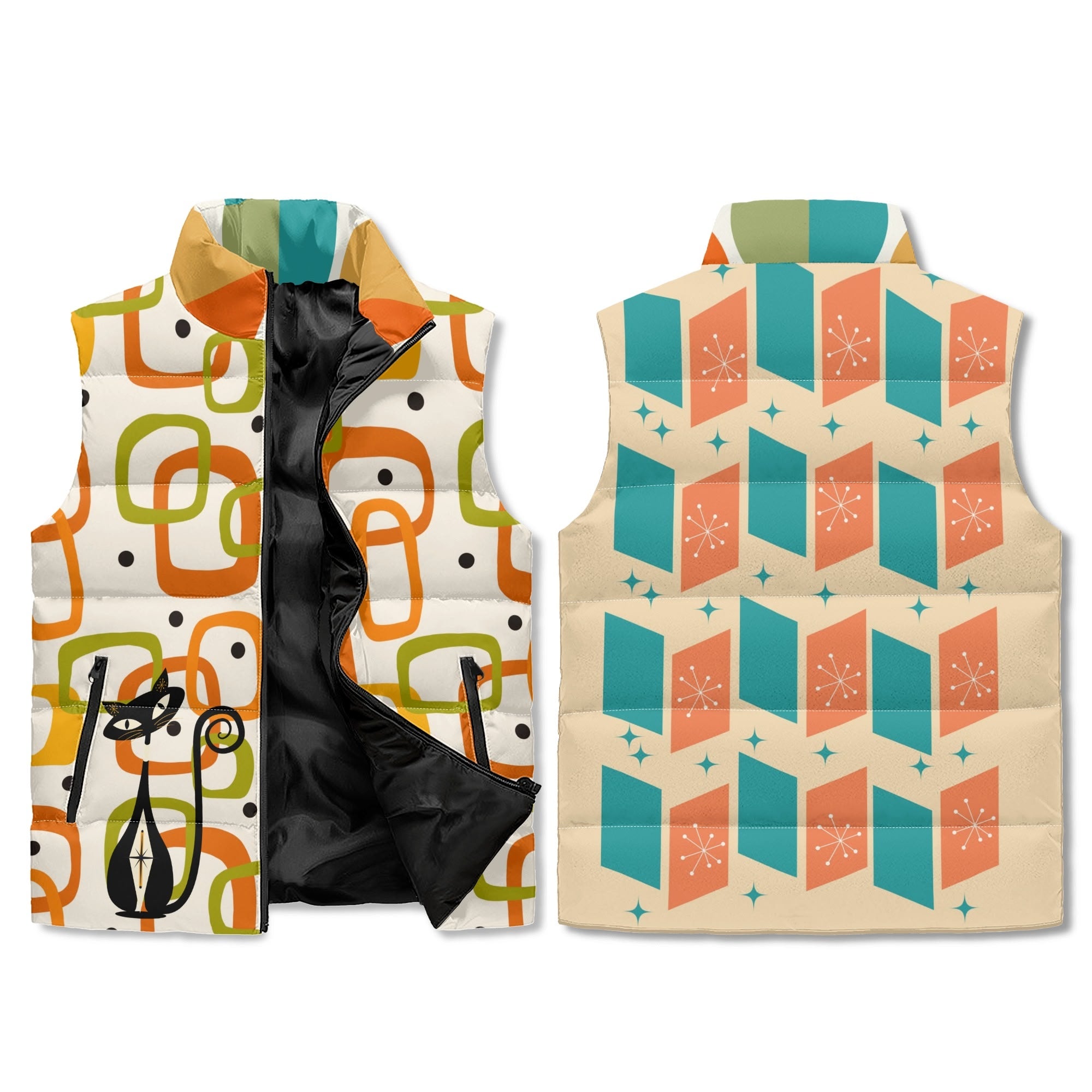 Mid Mod Atomic Cat, Retro Groovy Geometric Hip, Fun And Funky Puffer Vest - Mid Century Modern Gal