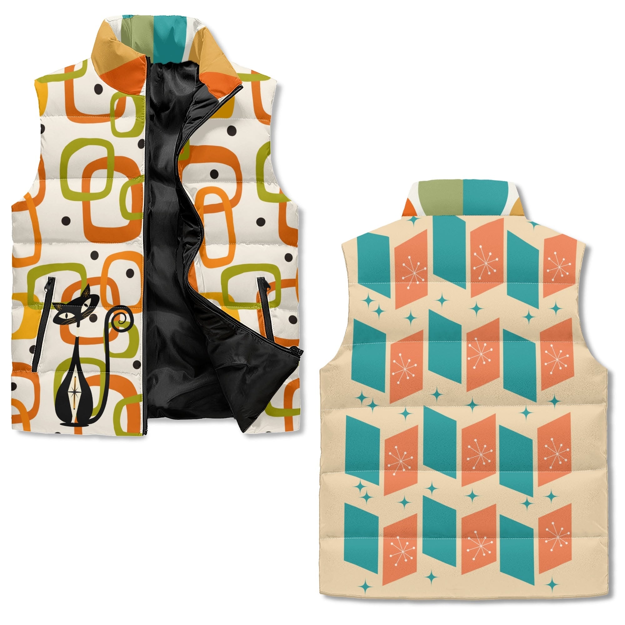 Mid Mod Atomic Cat, Retro Groovy Geometric Hip, Fun And Funky Puffer Vest - Mid Century Modern Gal