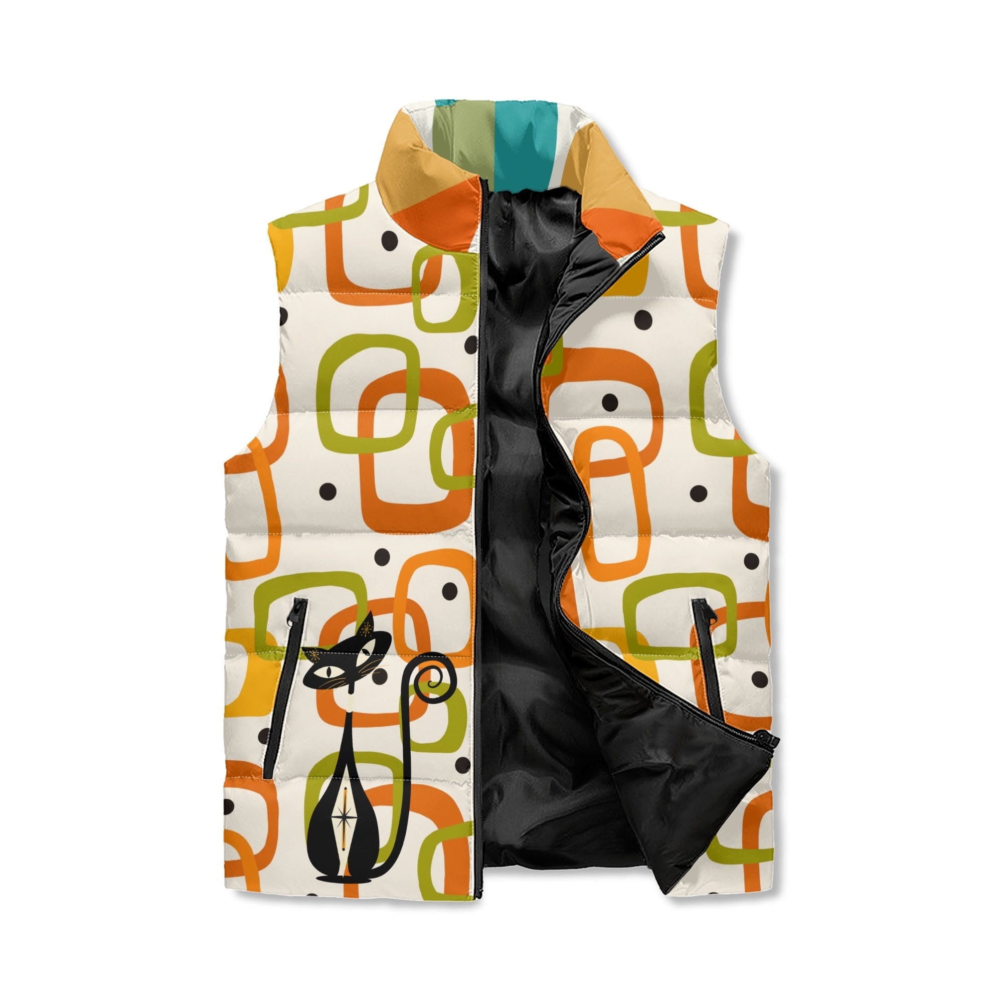 Mid Mod Atomic Cat, Retro Groovy Geometric Hip, Fun And Funky Puffer Vest - Mid Century Modern Gal