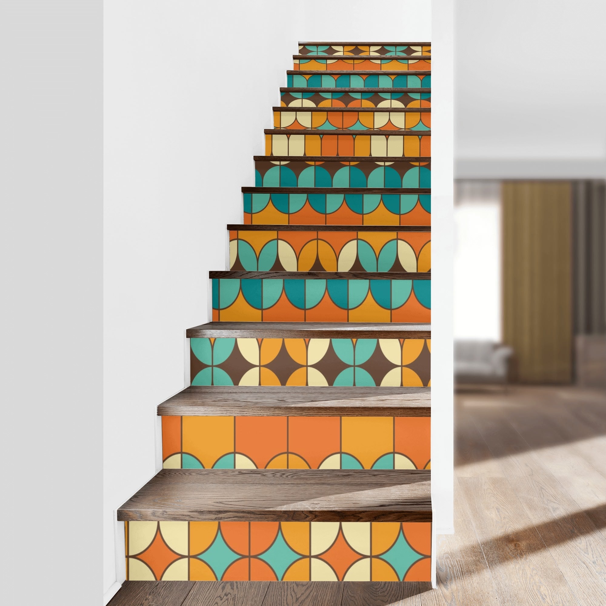 Mid Century Modern Funky Fun Orange Teal Geometric Stair Riser Peel And Stick - Mid Century Modern Gal