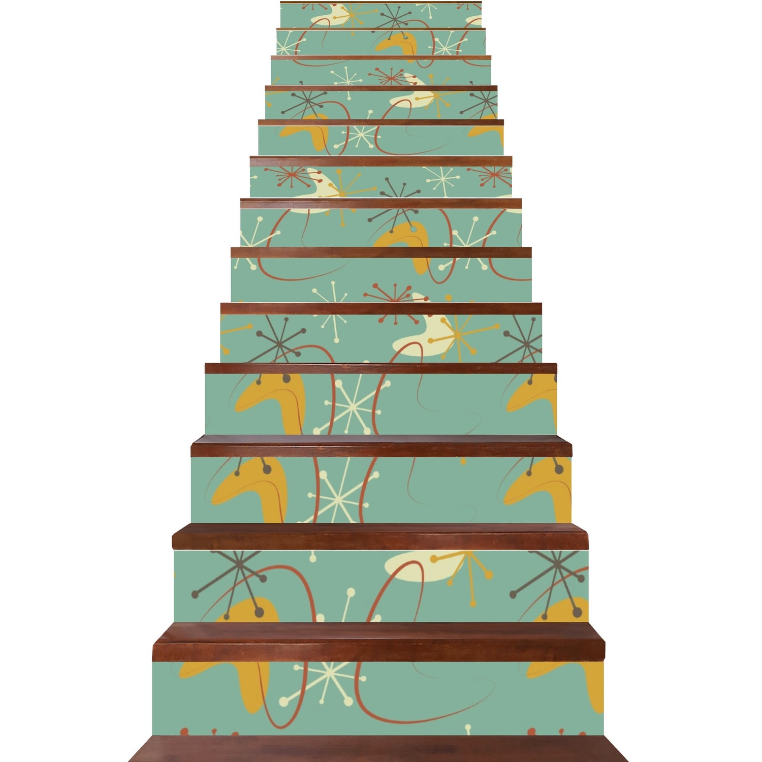 Mid Century Modern Atomic Boomerange Green, Mustard Yellow Starburst Designed Stair Riser Peel And Stick - Mid Century Modern Gal
