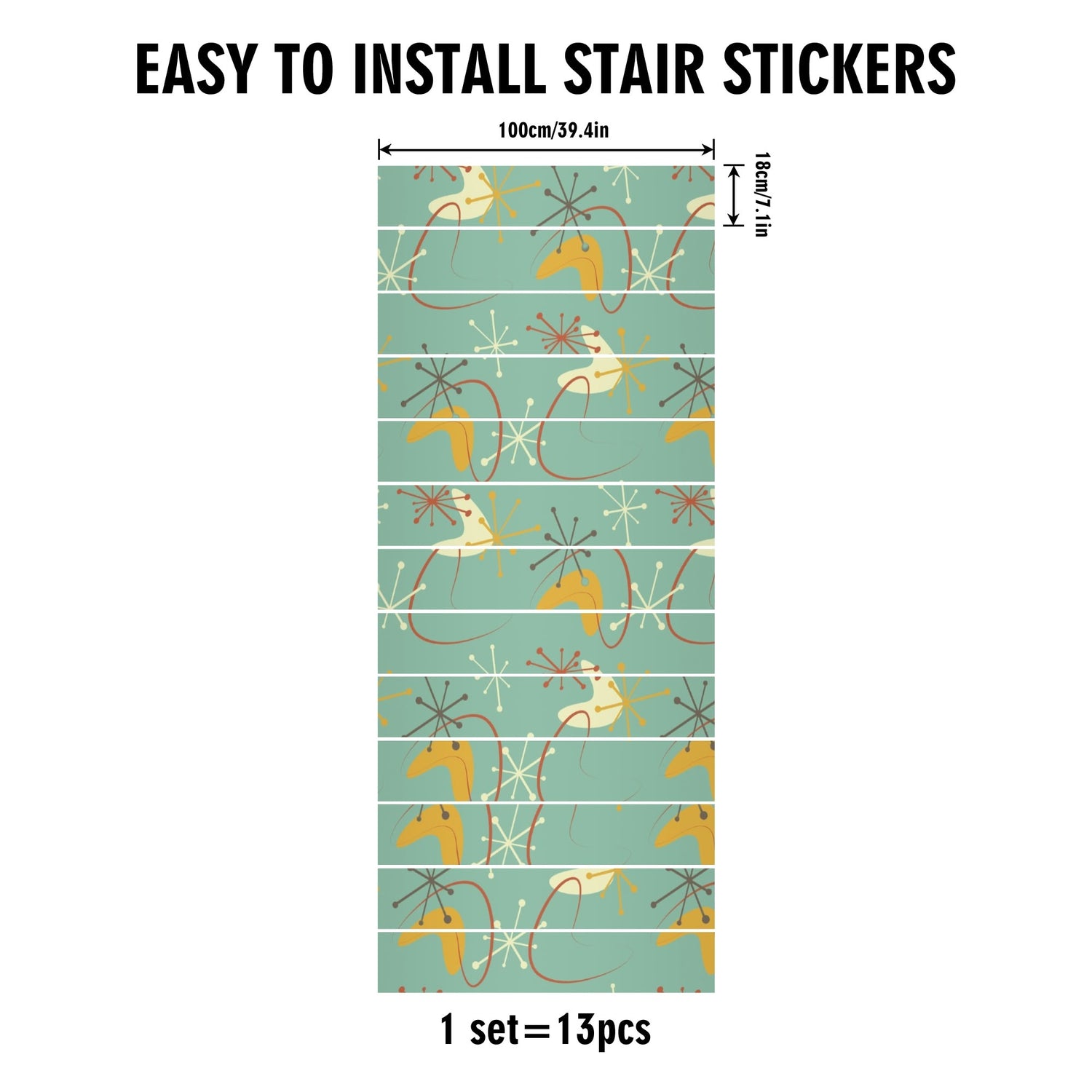 Mid Century Modern Atomic Boomerange Green, Mustard Yellow Starburst Designed Stair Riser Peel And Stick - Mid Century Modern Gal