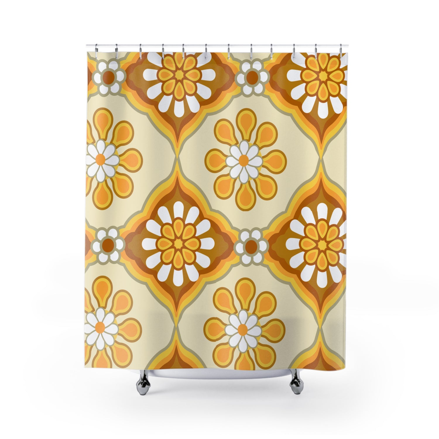 70s Flower Power Groovy Retro Bold Floral, Golden Yellow, Brown  MCM Shower Curtain - Mid Century Modern Gal
