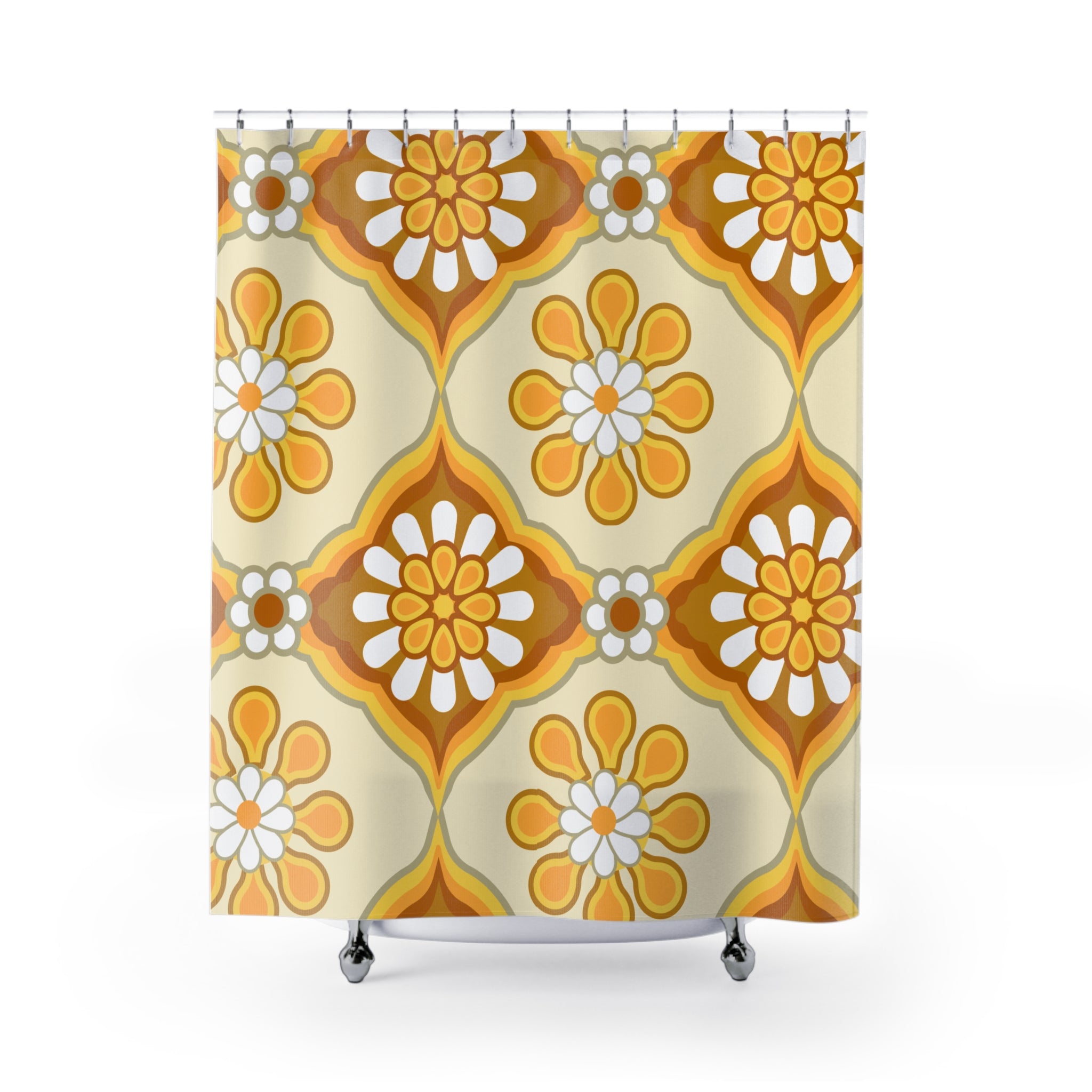 70s Flower Power Groovy Retro Bold Floral, Golden Yellow, Brown MCM Shower Curtain - Mid Century Modern Gal