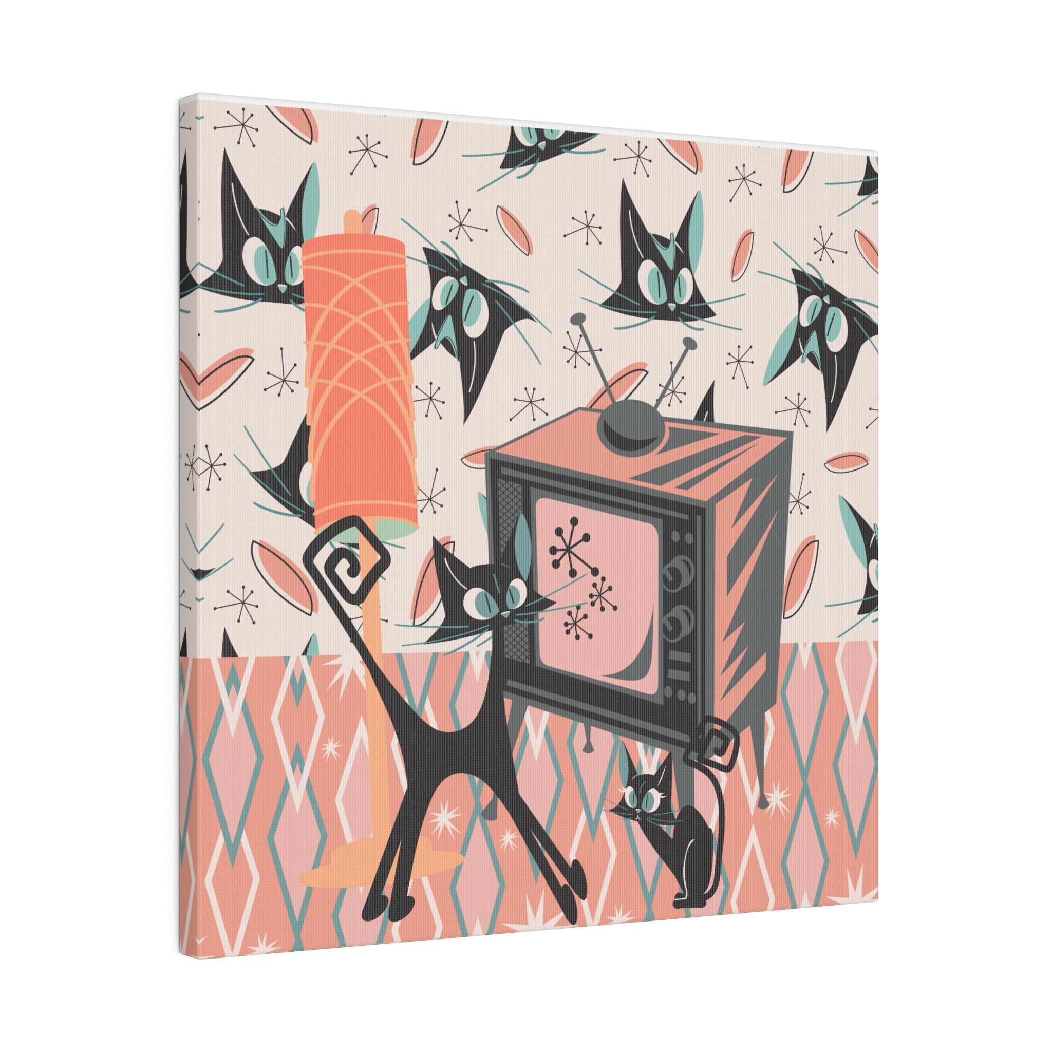 Atomic Cat Art, Quirky, Kitschy Whimsical Kittie Lover, Retro TV, Coral, Peach, Teal Blue, Mid Century Modern Wall Art - Mid Century Modern Gal