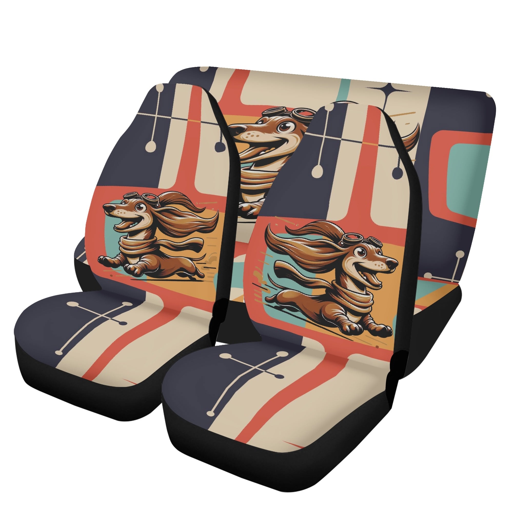 Dashing Dachsund Dog, Weiner Dog Mid Century Modern Retro Front, Back Lightweight Car Seat Cover Set (set of 4) - Mid Century Modern Gal