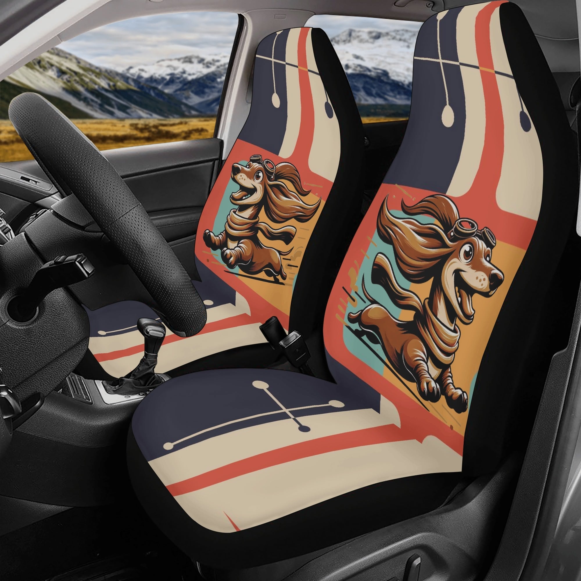 Dashing Dachsund Dog, Weiner Dog Mid Century Modern Retro Front, Back Lightweight Car Seat Cover Set (set of 4) - Mid Century Modern Gal