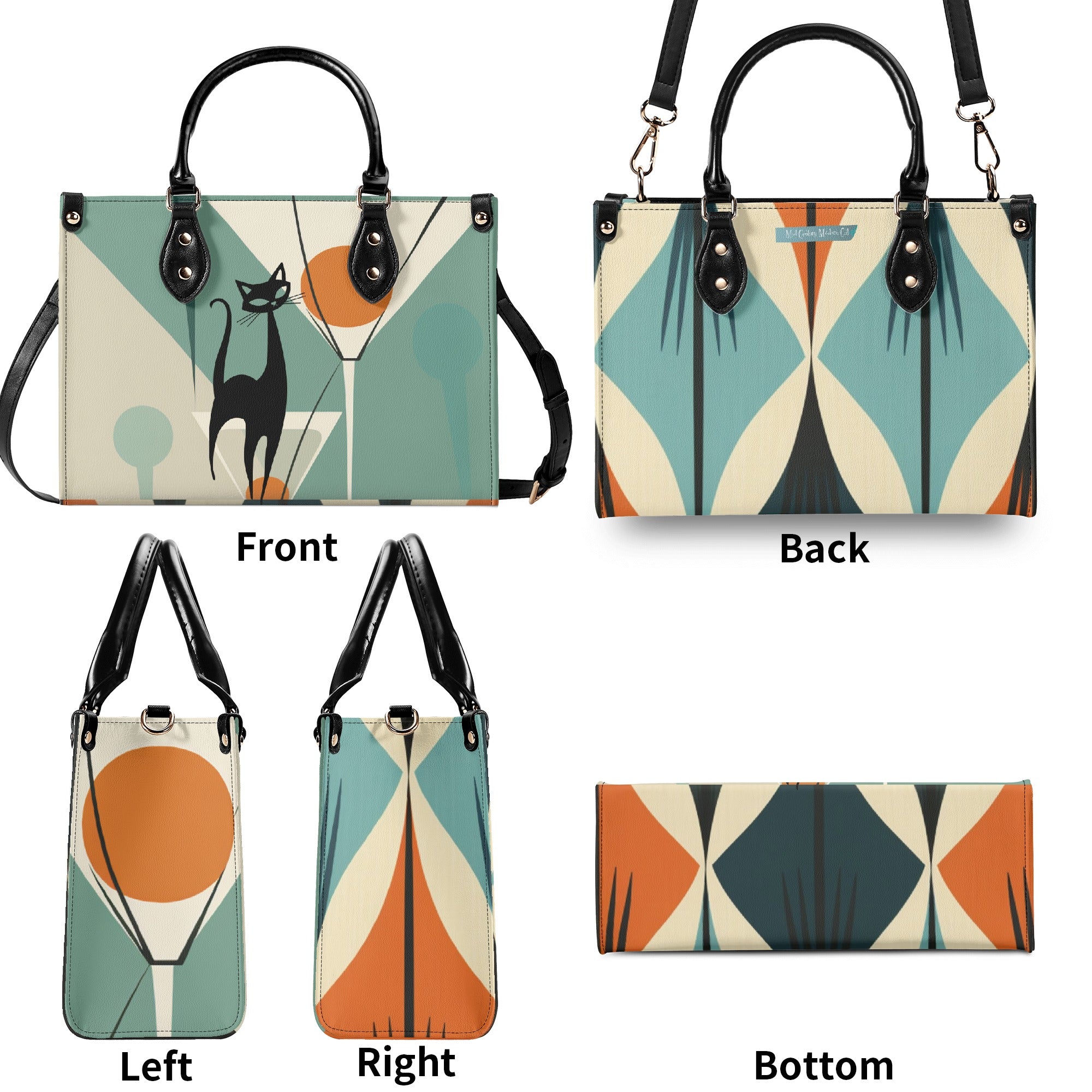 Mid Century Modern Atomic Martini Cat, Kitschy Retro Gal Handbag, Shoulder Bag - Mid Century Modern Gal