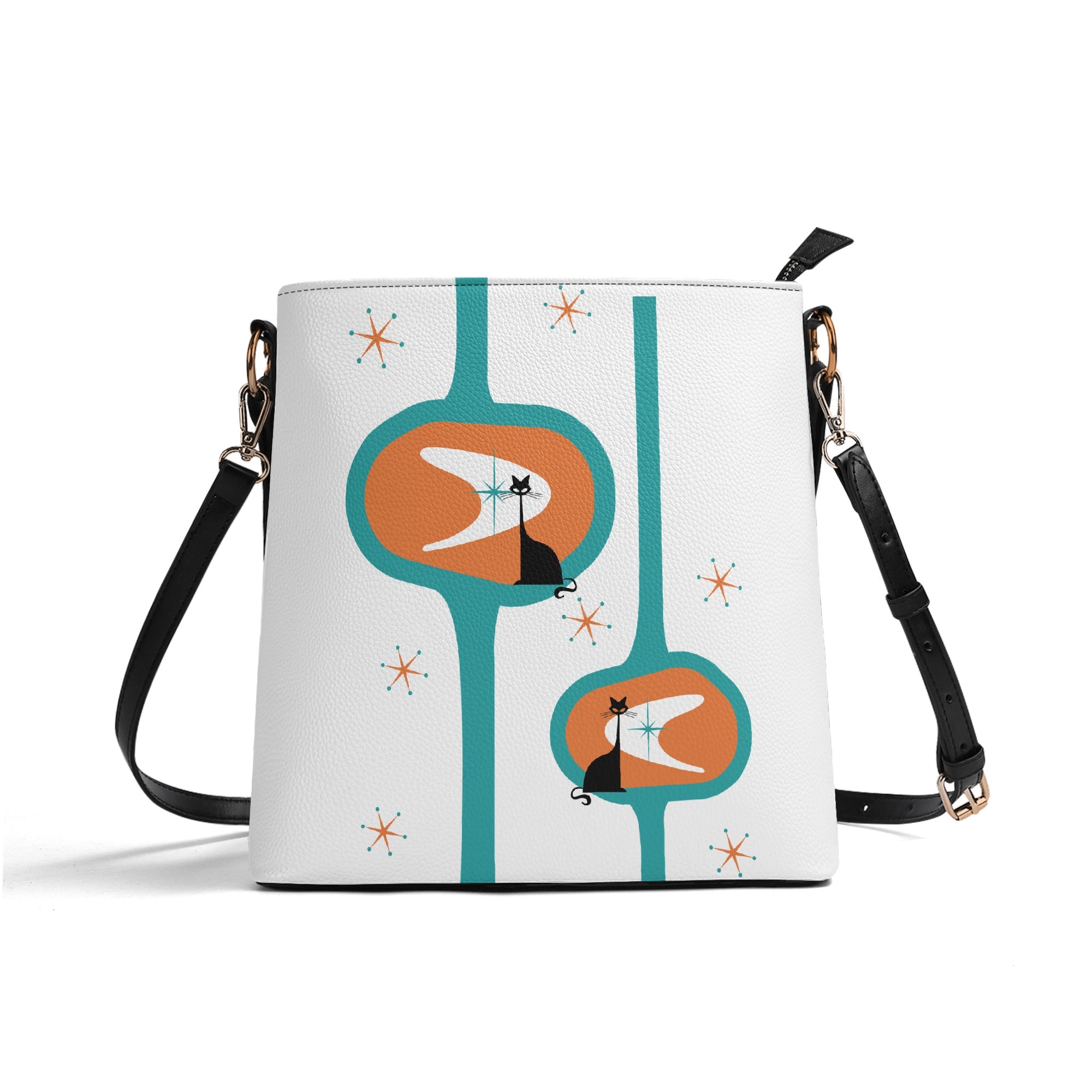 Atomic Cat Bucket Shoulder Bag, Atomic 50s Fashion Bag, Orange, Teal Reversible Design By MCM Gal, Mid Century Mod Kitschy Trendy Purse - Mid Century Modern Gal