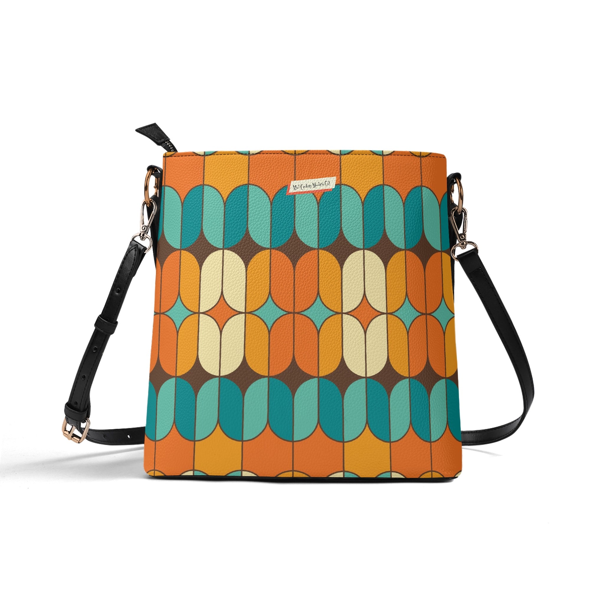 Atomic Cat Bucket Shoulder Bag, Atomic 50s Fashion Bag, Orange, Teal Reversible Design By MCM Gal, Mid Century Mod Kitschy Trendy Purse - Mid Century Modern Gal