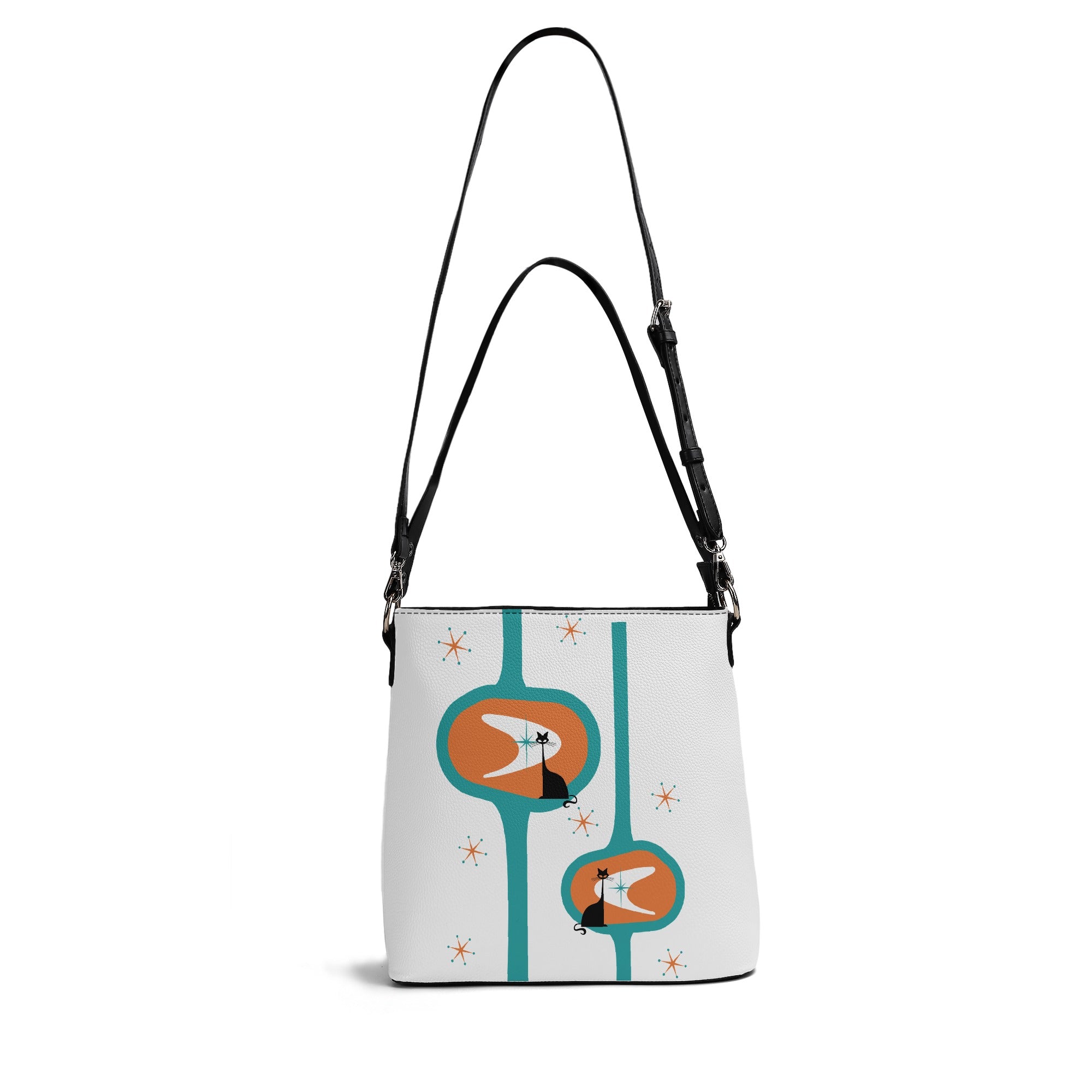 Atomic Cat Bucket Shoulder Bag, Atomic 50s Fashion Bag, Orange, Teal Reversible Design By MCM Gal, Mid Century Mod Kitschy Trendy Purse - Mid Century Modern Gal