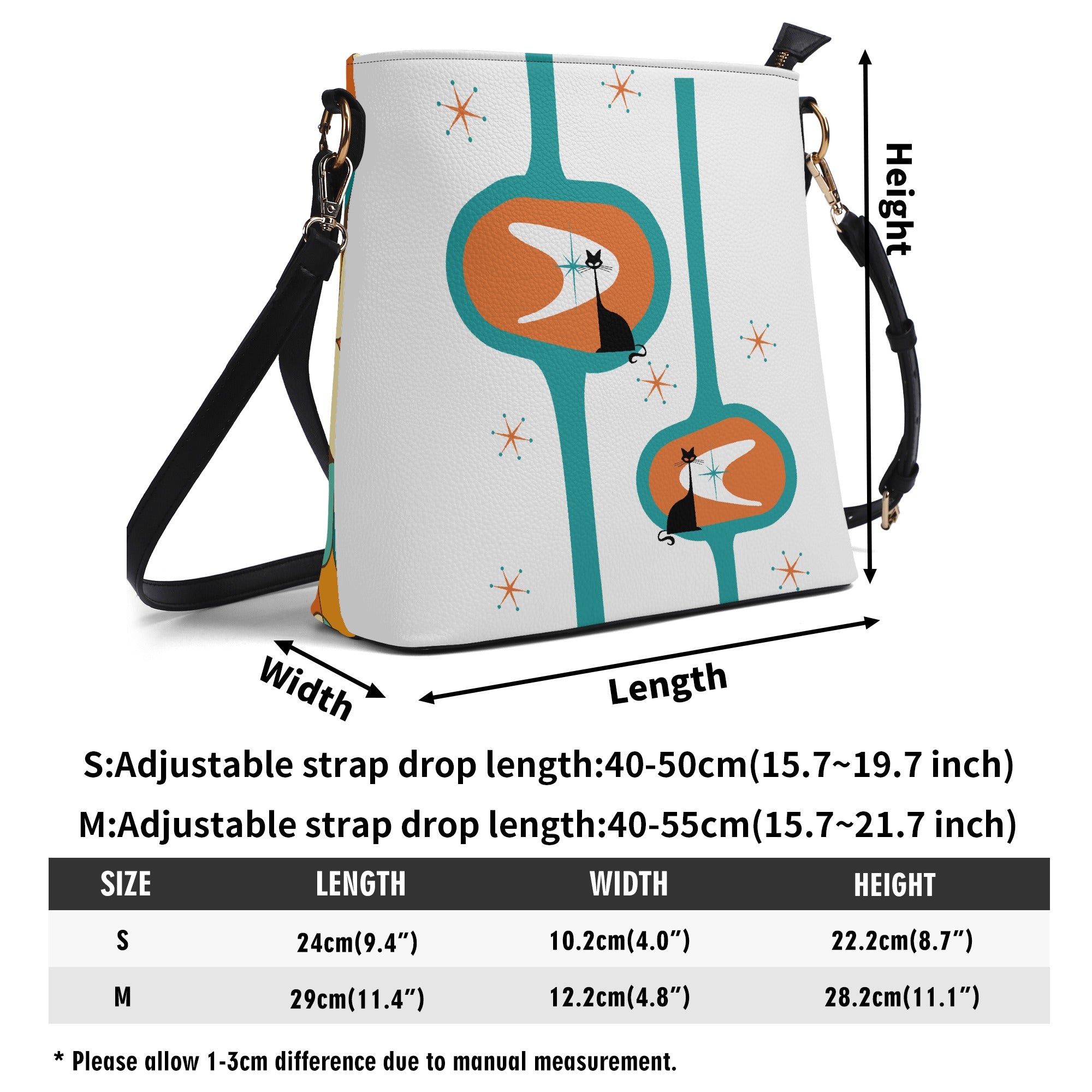 Atomic Cat Bucket Shoulder Bag, Atomic 50s Fashion Bag, Orange, Teal Reversible Design By MCM Gal, Mid Century Mod Kitschy Trendy Purse - Mid Century Modern Gal