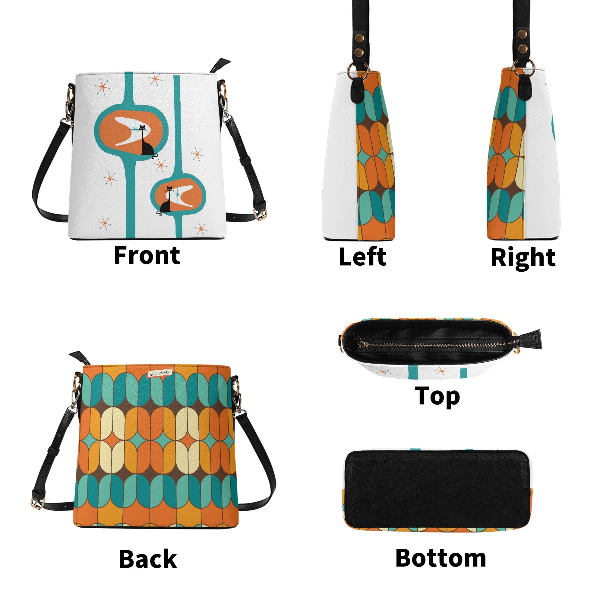 Atomic Cat Bucket Shoulder Bag, Atomic 50s Fashion Bag, Orange, Teal Reversible Design By MCM Gal, Mid Century Mod Kitschy Trendy Purse - Mid Century Modern Gal