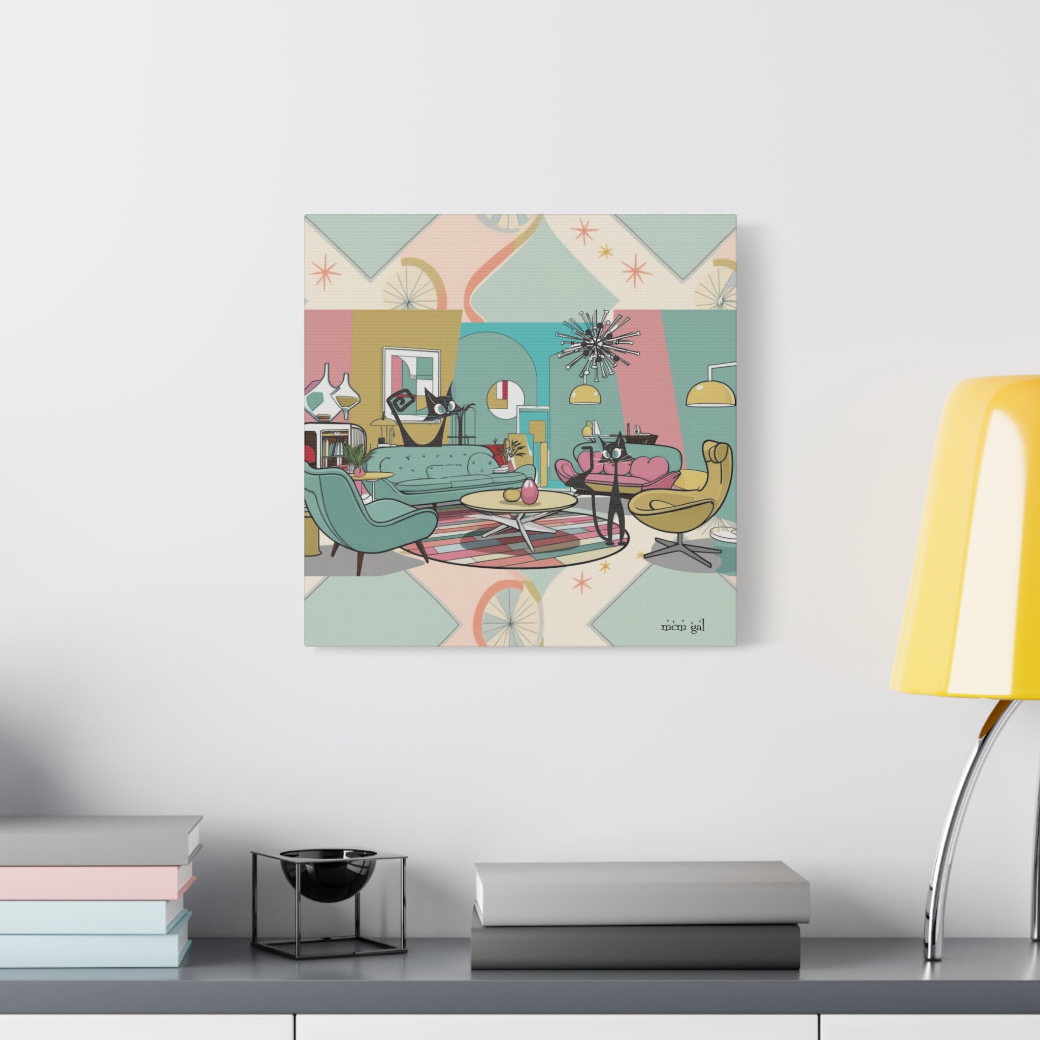 Mid-Century Modern Atomic Cat Kitschy Mod Living Room, Aqua, Pink, Starburst Original Art By MCM GAL - Mid Century Modern Gal