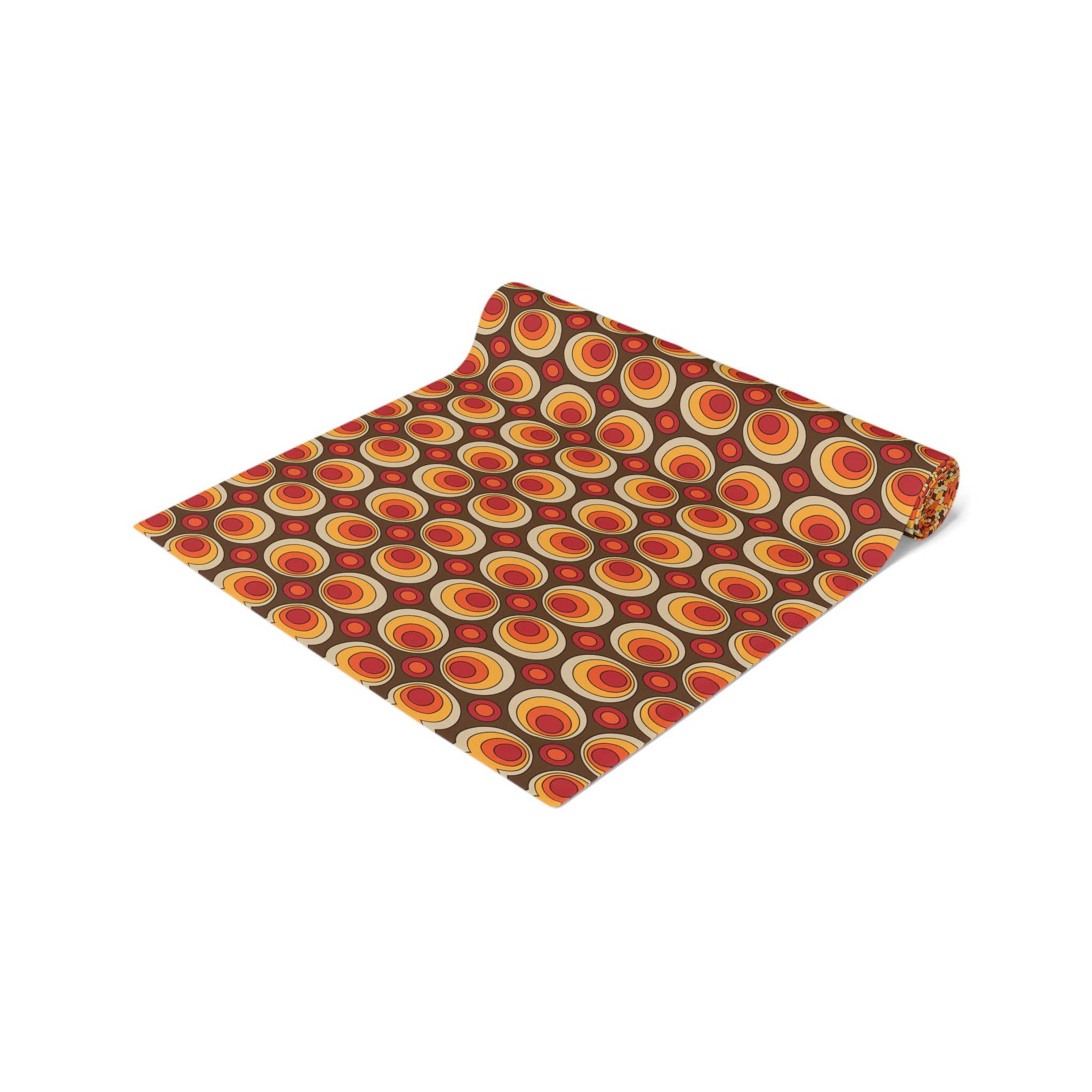 Retro Orbs, Orange Brown Yellow Groovy Geometric Mid Mod Table Runner - Mid Century Modern Gal