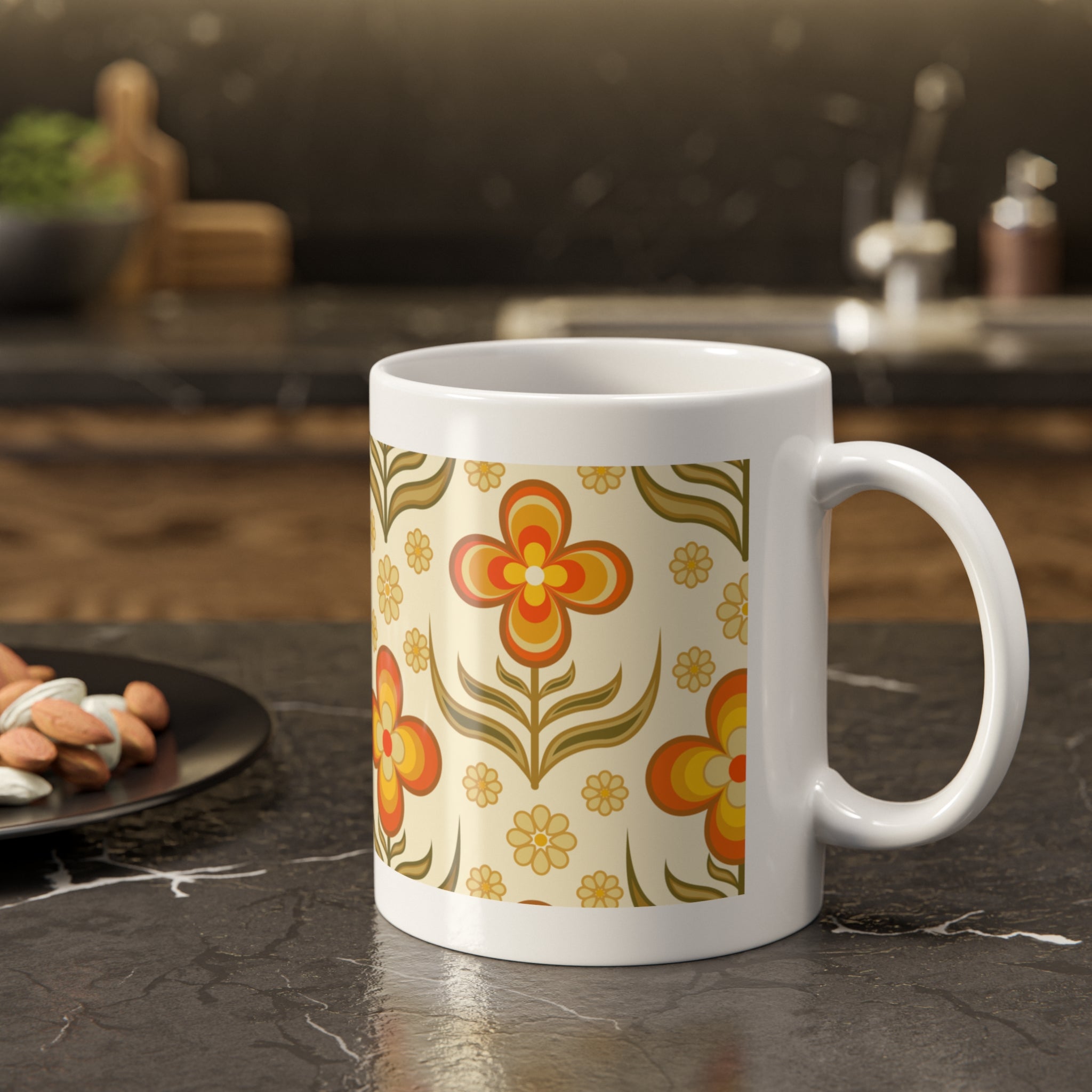 70s Flower Power, Daily Cup of Retro White Ceramic Mug, 11oz - Mid Century Modern Gal