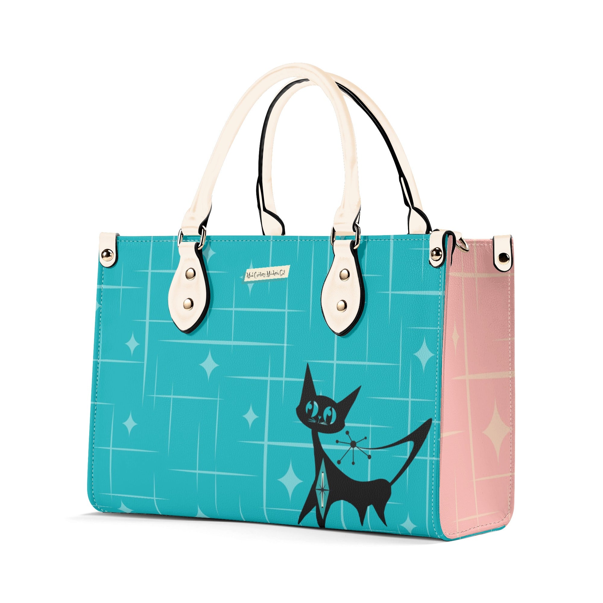 Mid Century Modern Gal Signature Handbag, Atomic Cat, Atomic Kitschy Handbag, Shoulder Bag Teal, Pink - Mid Century Modern Gal