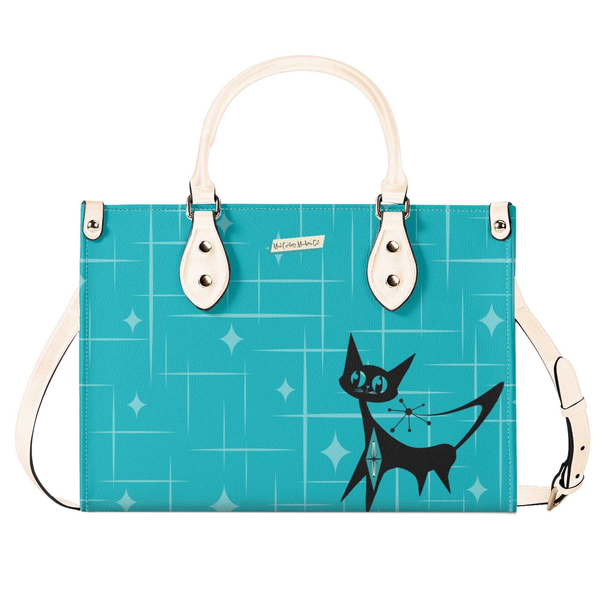 Mid Century Modern Gal Signature Handbag, Atomic Cat, Atomic Kitschy Handbag, Shoulder Bag Teal, Pink - Mid Century Modern Gal