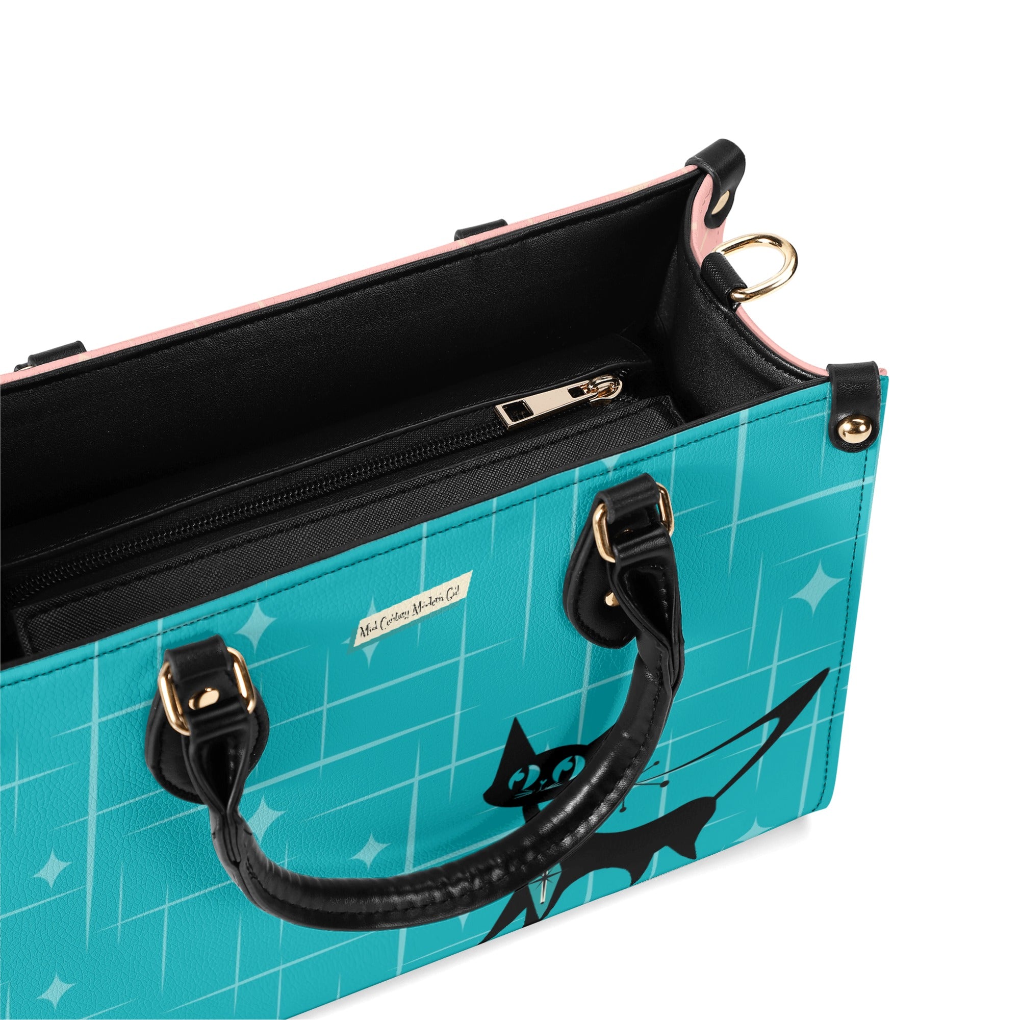 Mid Century Modern Gal Signature Handbag, Atomic Cat, Atomic Kitschy Handbag, Shoulder Bag Teal, Pink - Mid Century Modern Gal