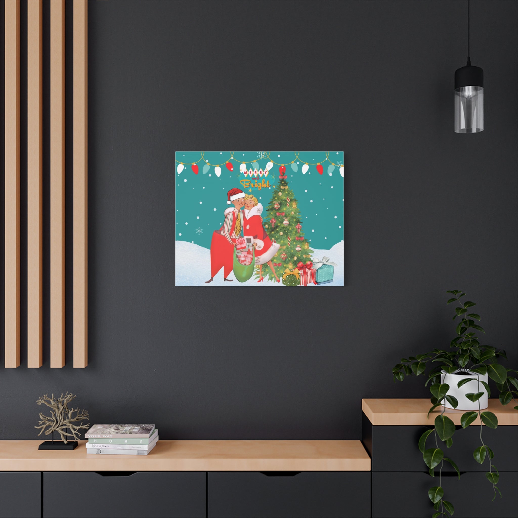 Christmas Mantel Art, Retro Vintage 50s Kitschy Mod Couple Festive Holiday, Whimsical Christmas Wall Decor, Merry & Bright Decor - Mid Century Modern Gal