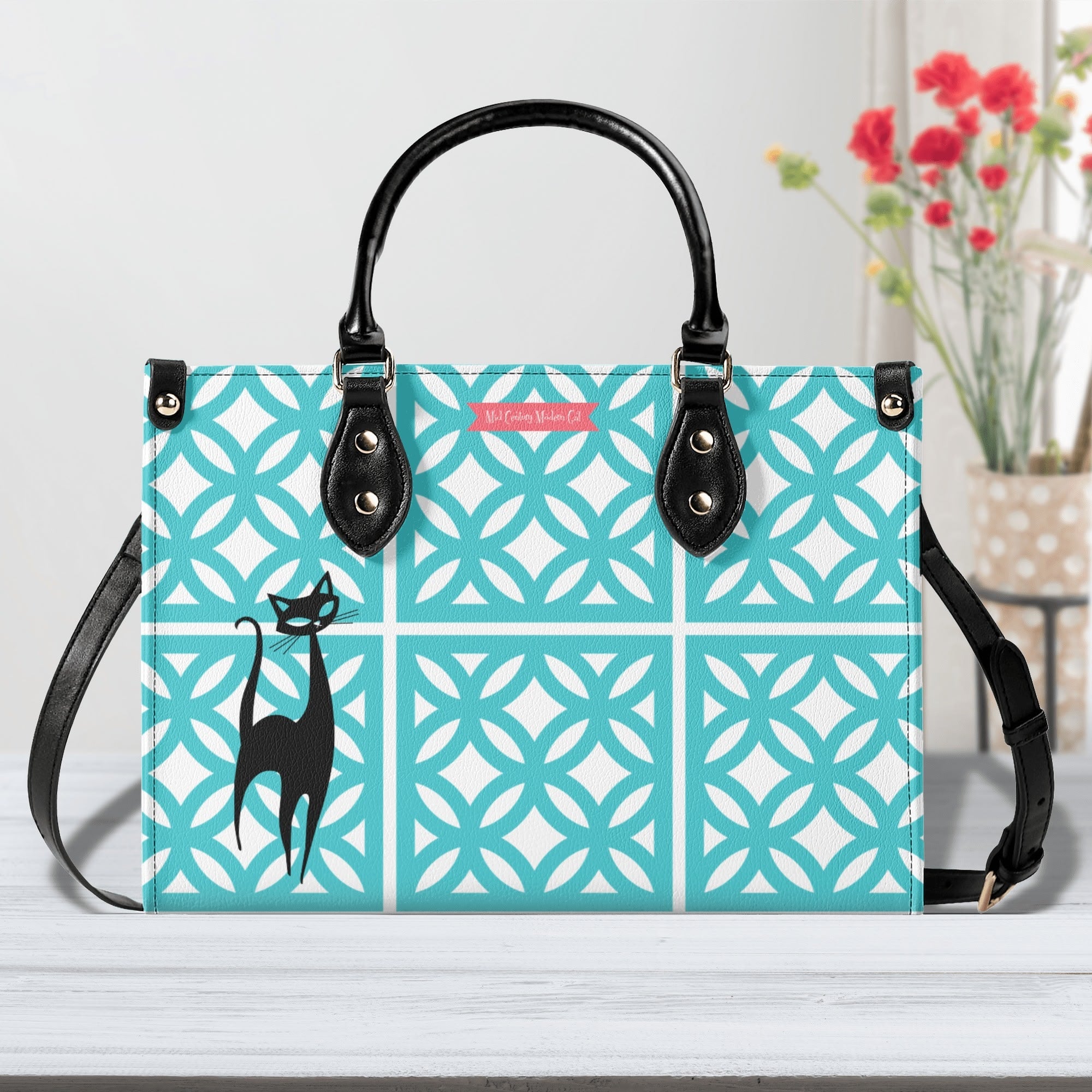 Mid Century Modern 50s Breeze Block, Aqua Coral, Atomic Cat, Spring Summer MCM Gal Signature Kitschy Handbag, Shoulder Bag - Mid Century Modern Gal