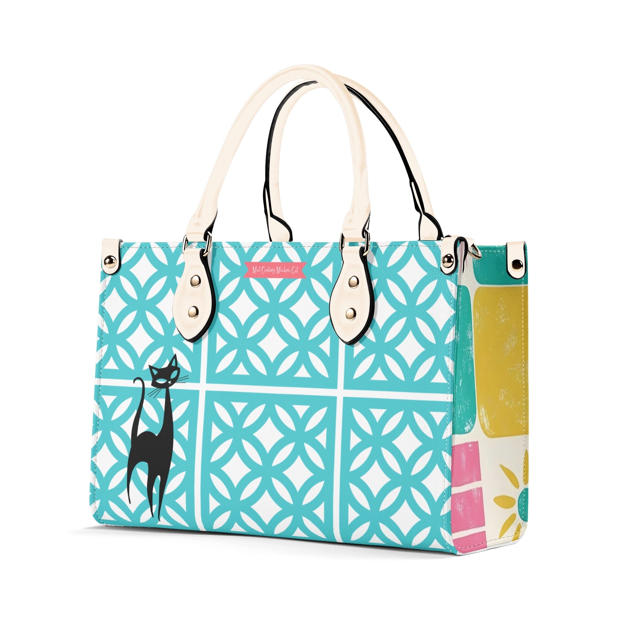 Mid Century Modern 50s Breeze Block, Aqua Coral, Atomic Cat, Spring Summer MCM Gal Signature Kitschy Handbag, Shoulder Bag - Mid Century Modern Gal