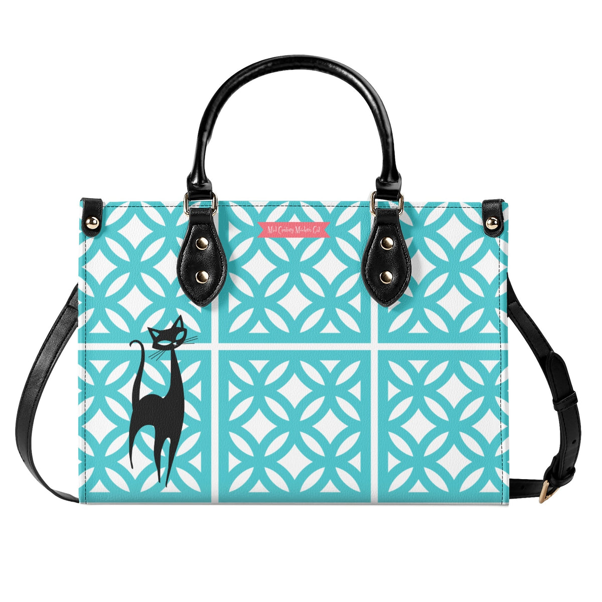 Mid Century Modern 50s Breeze Block, Aqua Coral, Atomic Cat, Spring Summer MCM Gal Signature Kitschy Handbag, Shoulder Bag - Mid Century Modern Gal