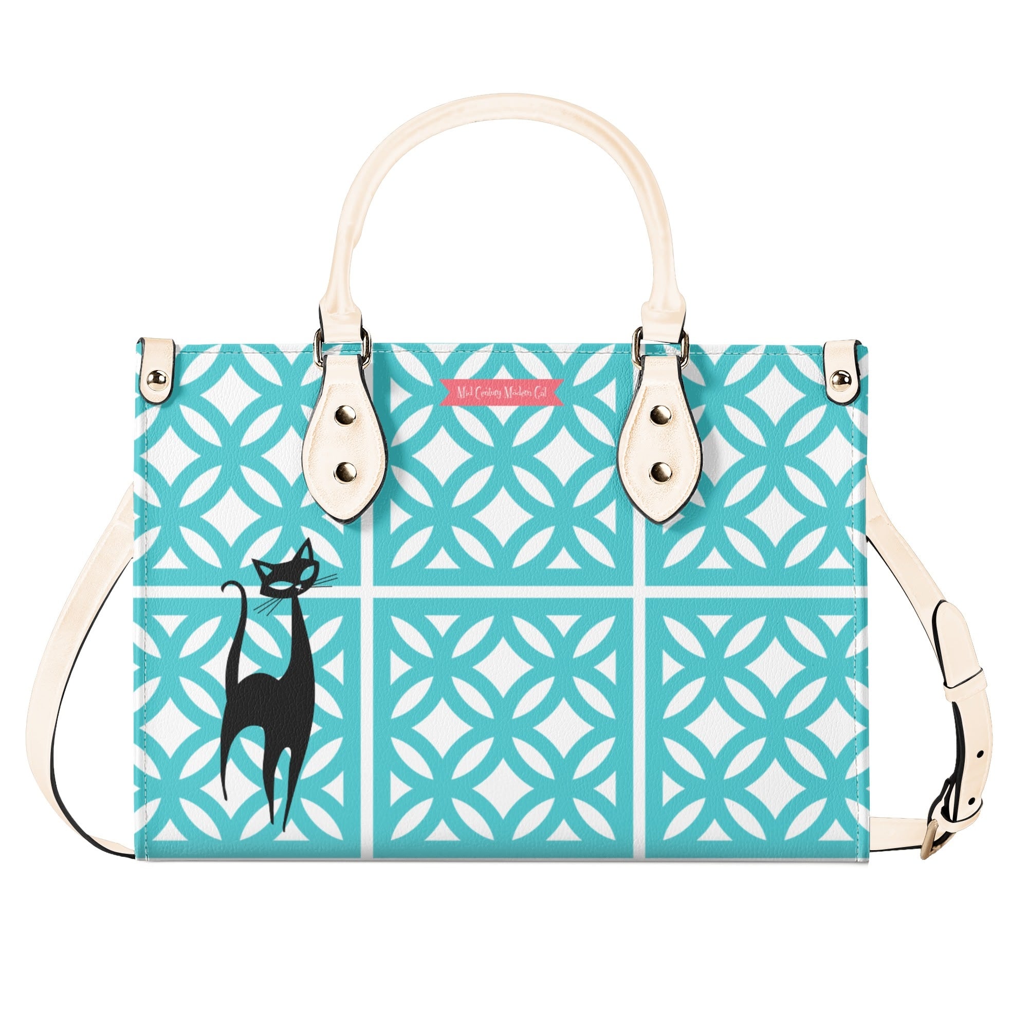 Mid Century Modern 50s Breeze Block, Aqua Coral, Atomic Cat, Spring Summer MCM Gal Signature Kitschy Handbag, Shoulder Bag - Mid Century Modern Gal