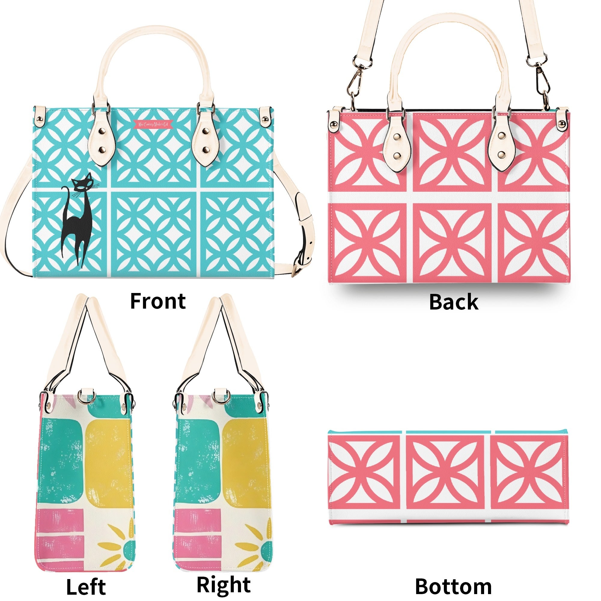 Mid Century Modern 50s Breeze Block, Aqua Coral, Atomic Cat, Spring Summer MCM Gal Signature Kitschy Handbag, Shoulder Bag - Mid Century Modern Gal