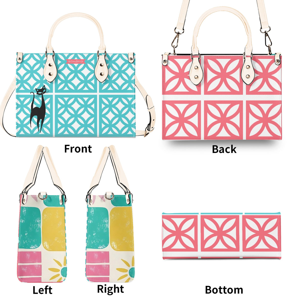 Mid Century Modern 50s Breeze Block, Aqua Coral, Atomic Cat, Spring Summer MCM Gal Signature Kitschy Handbag, Shoulder Bag - Mid Century Modern Gal