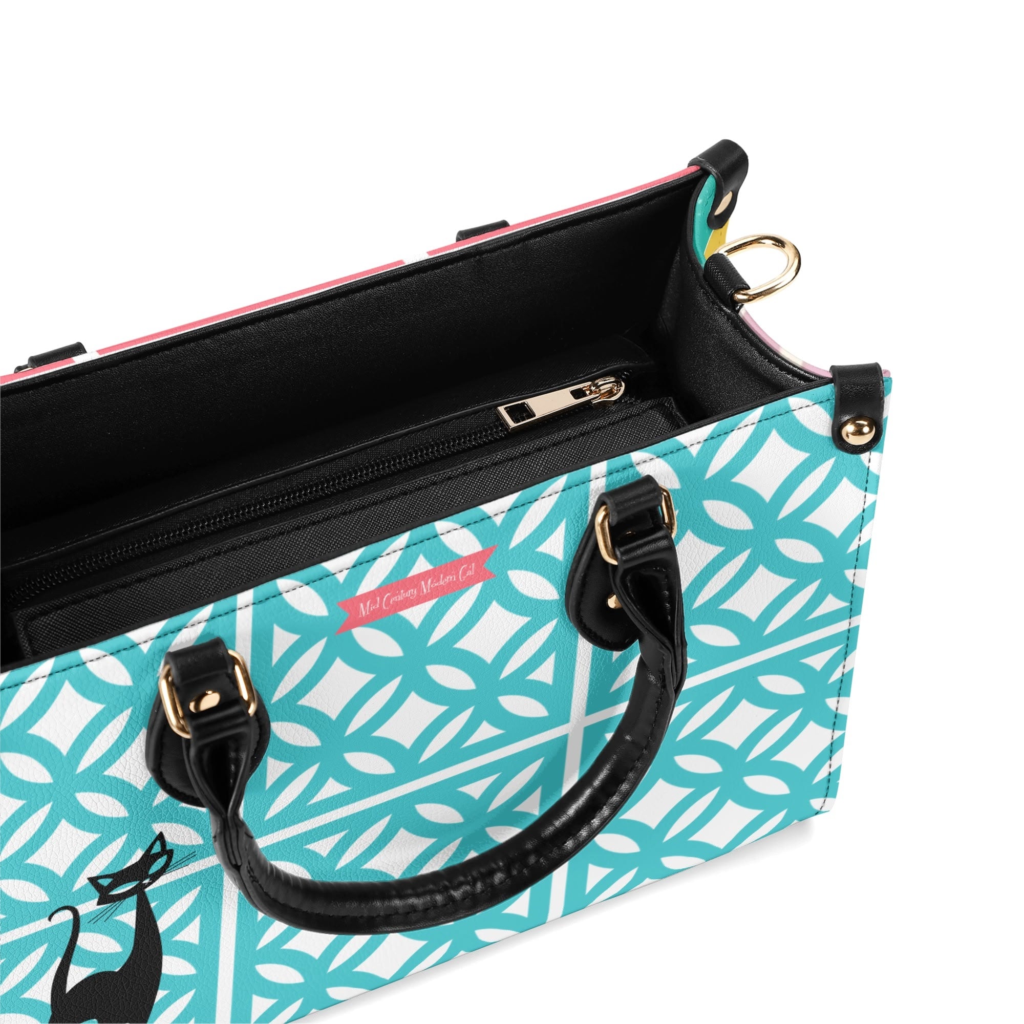 Mid Century Modern 50s Breeze Block, Aqua Coral, Atomic Cat, Spring Summer MCM Gal Signature Kitschy Handbag, Shoulder Bag - Mid Century Modern Gal