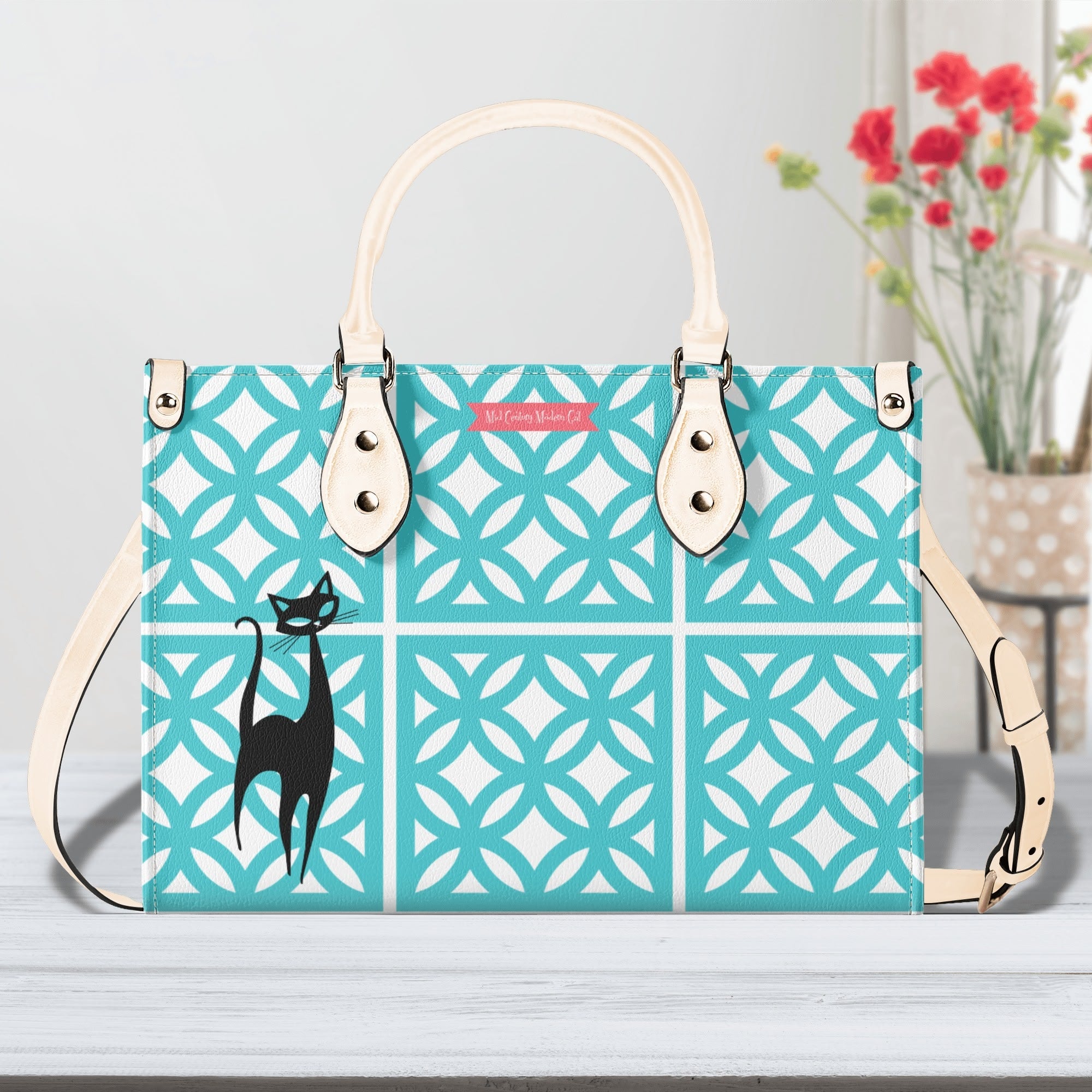 Mid Century Modern 50s Breeze Block, Aqua Coral, Atomic Cat, Spring Summer MCM Gal Signature Kitschy Handbag, Shoulder Bag - Mid Century Modern Gal