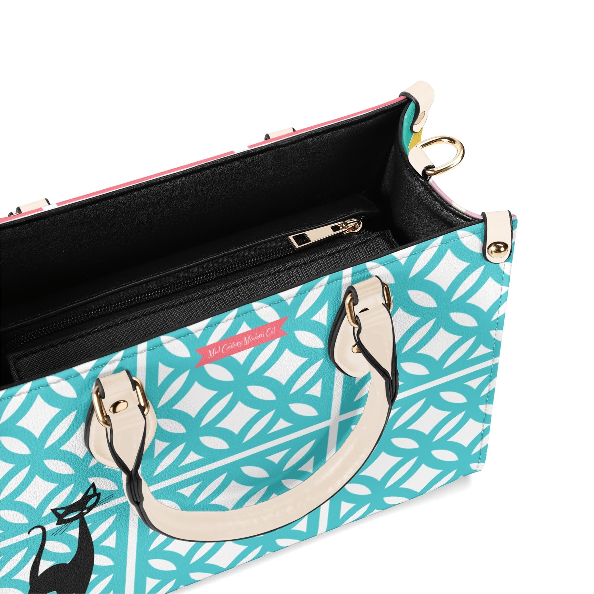 Mid Century Modern 50s Breeze Block, Aqua Coral, Atomic Cat, Spring Summer MCM Gal Signature Kitschy Handbag, Shoulder Bag - Mid Century Modern Gal