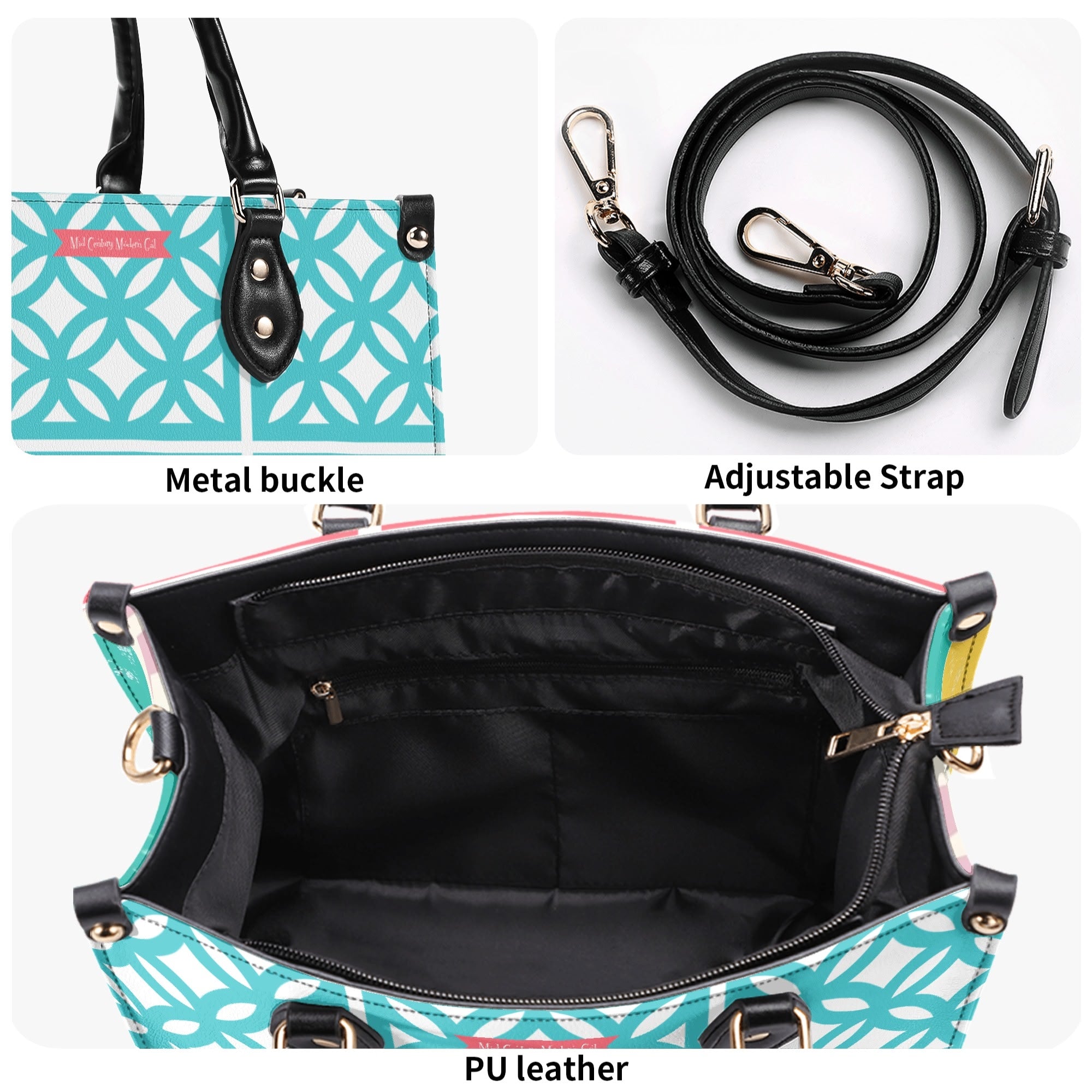 Mid Century Modern 50s Breeze Block, Aqua Coral, Atomic Cat, Spring Summer MCM Gal Signature Kitschy Handbag, Shoulder Bag - Mid Century Modern Gal