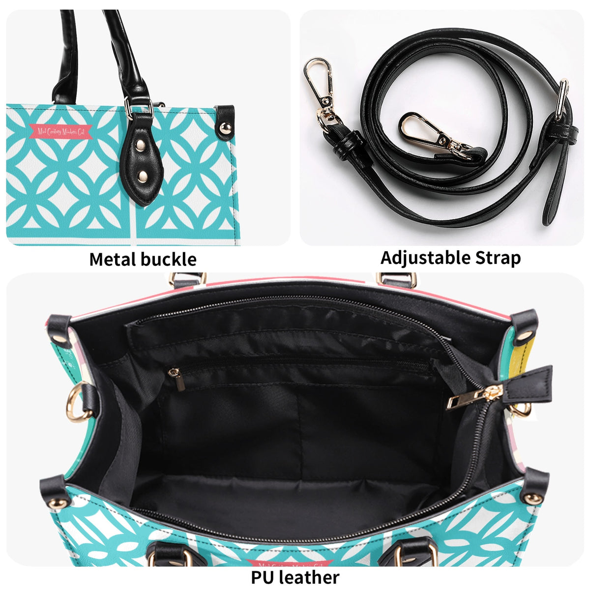Mid Century Modern 50s Breeze Block, Aqua Coral, Atomic Cat, Spring Summer MCM Gal Signature Kitschy Handbag, Shoulder Bag - Mid Century Modern Gal