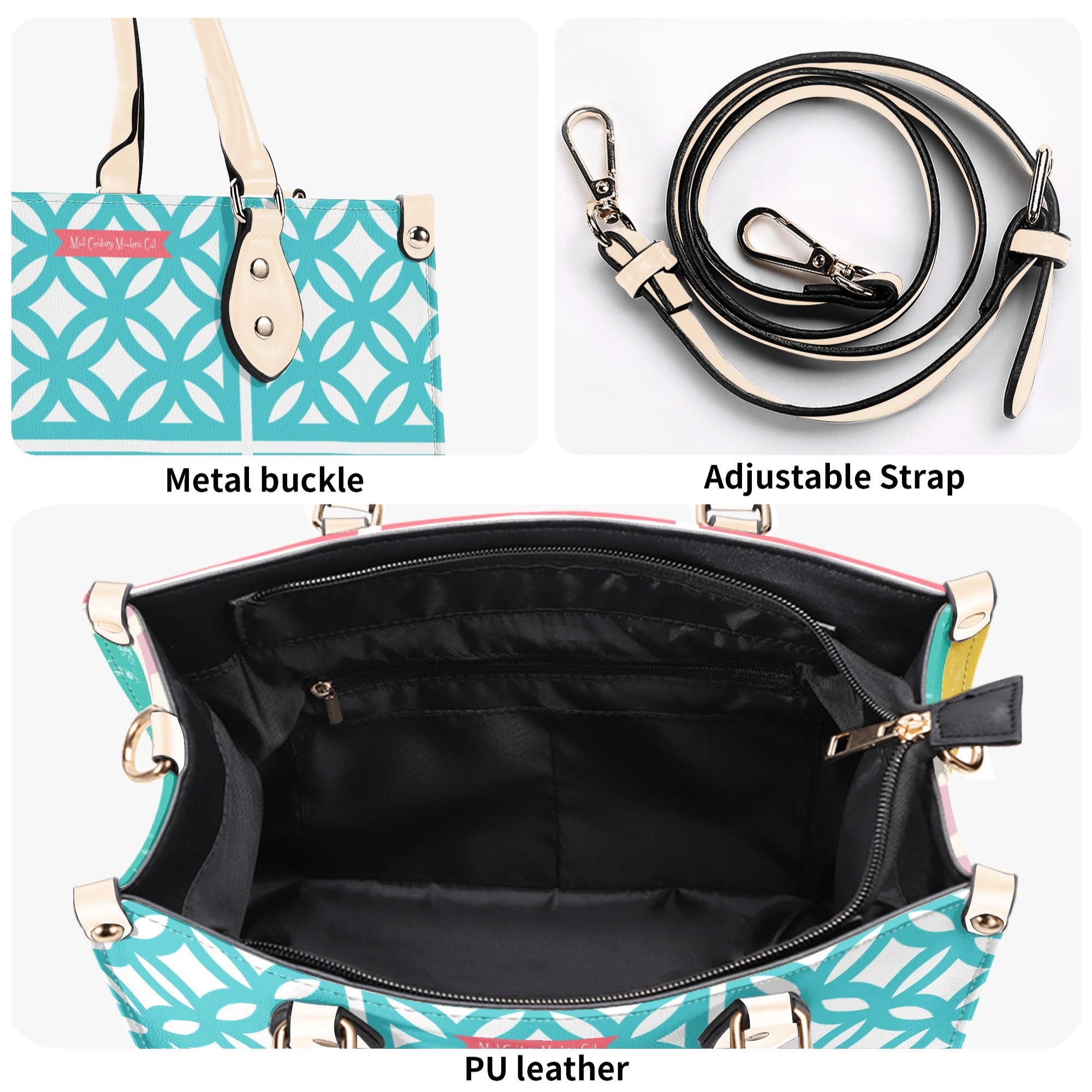Mid Century Modern 50s Breeze Block, Aqua Coral, Atomic Cat, Spring Summer MCM Gal Signature Kitschy Handbag, Shoulder Bag - Mid Century Modern Gal