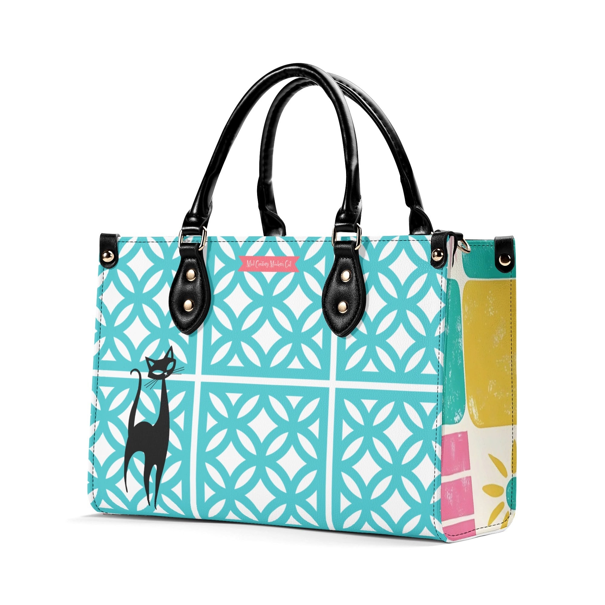 Mid Century Modern 50s Breeze Block, Aqua Coral, Atomic Cat, Spring Summer MCM Gal Signature Kitschy Handbag, Shoulder Bag - Mid Century Modern Gal
