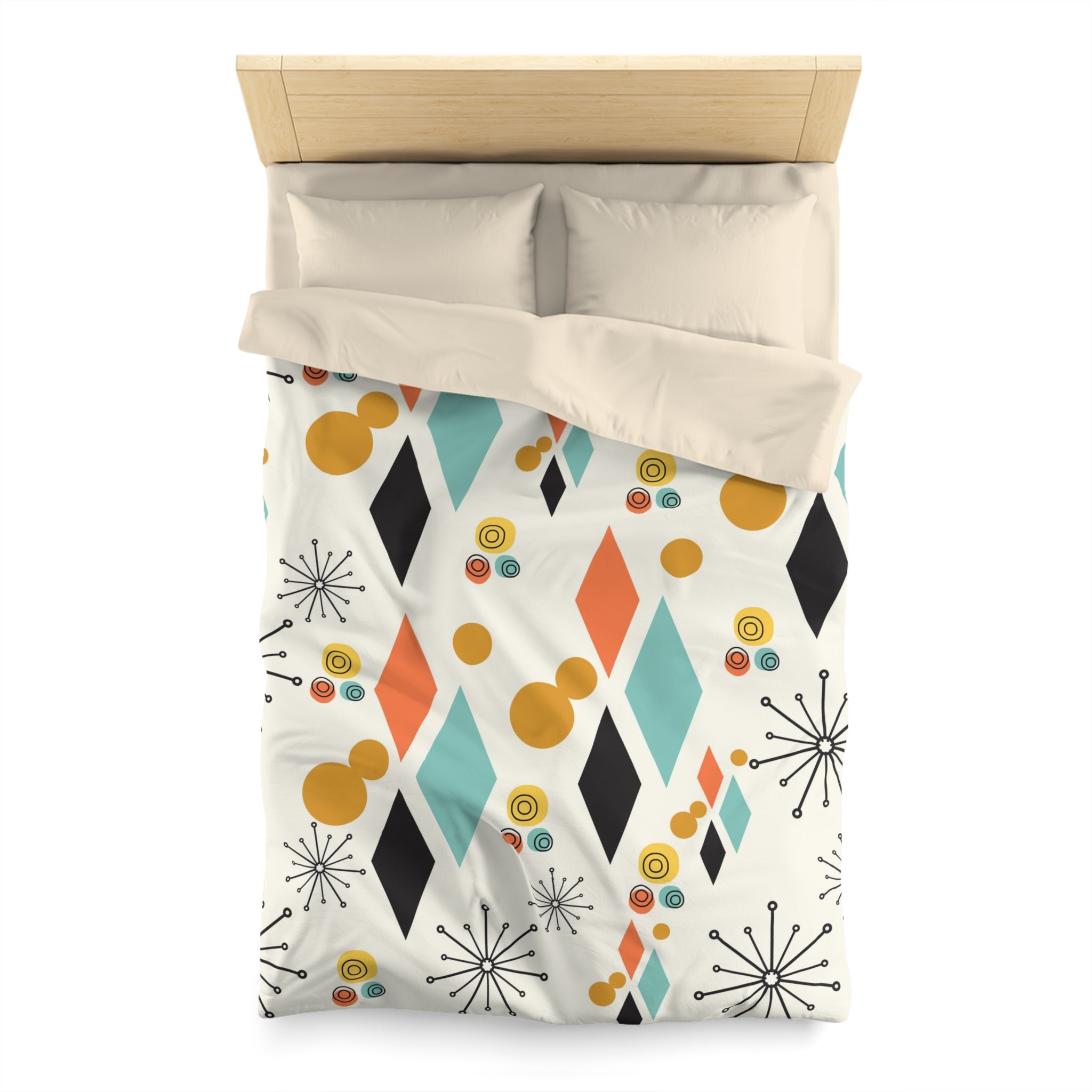 Mid Century Modern Bedding, Atomic Diamond, Sputnik,Beige, Aqua, Coral,Mustard Yellow, Retro Mod Duvet Covers - Mid Century Modern Gal
